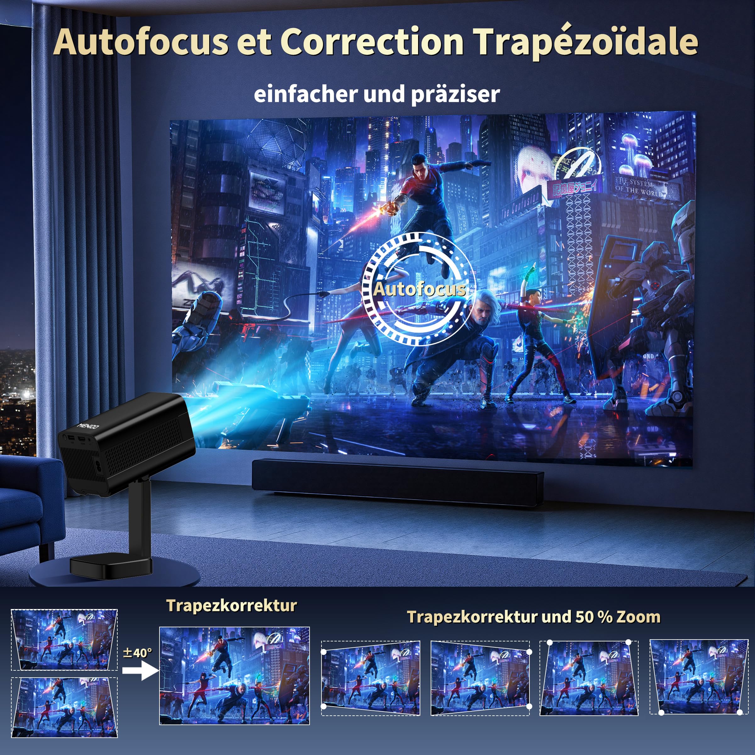 Mini proiettore [app integrate e aggiornate al 2026] supporta messa a fuoco automatica 4K 1080p e correzione trapezoidale girevole a 90°, proiettore portatile con WiFi 6 e Bluetooth 5.4 per HDMI/TV