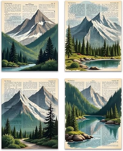 OFJE Juego de 4 impresiones artísticas vintage de pared de bosque y montaña, arte de pared retro de paisaje de la naturaleza, decoración para el