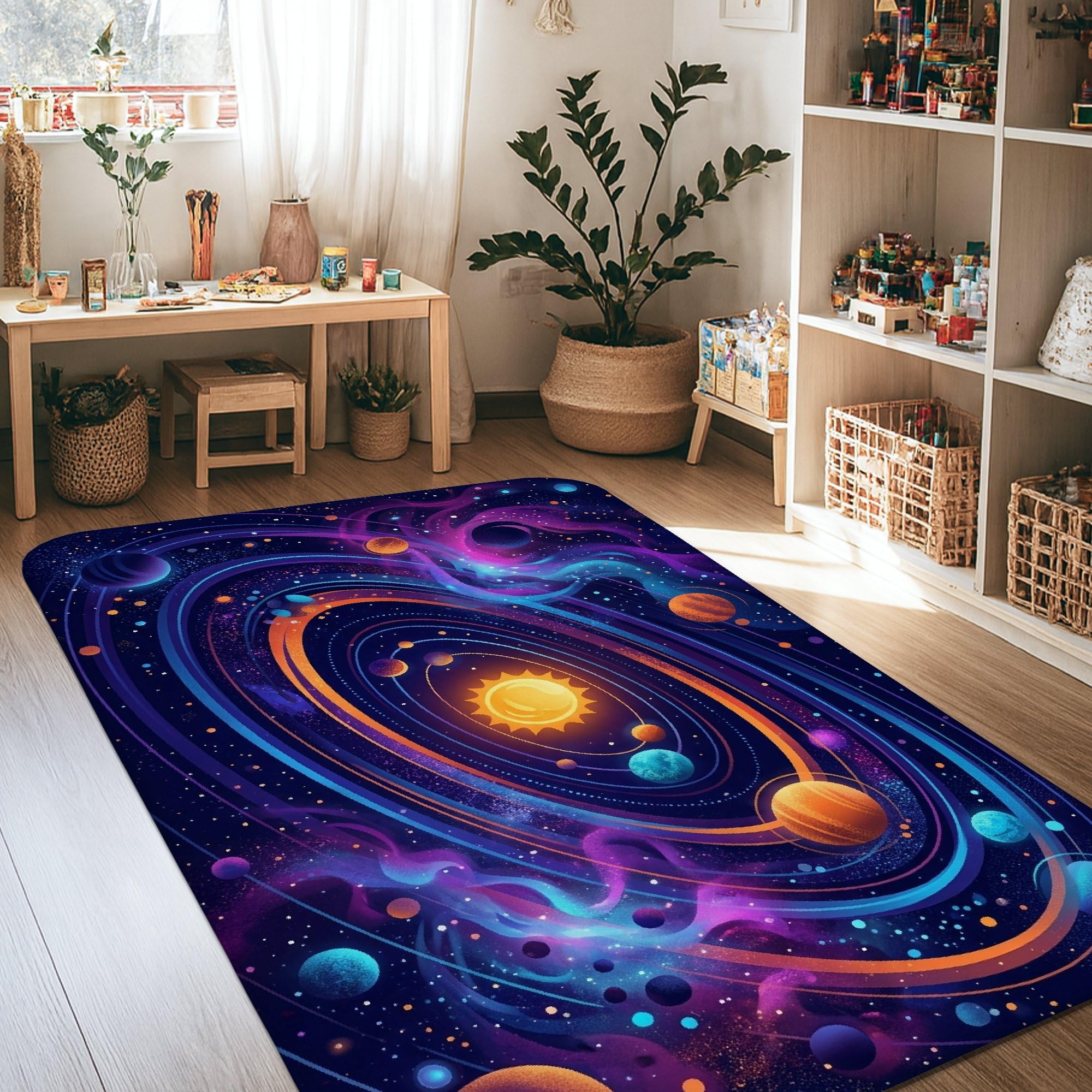 Alfombra de área para el sol, planetas futuristas cósmicos, galaxia N/A, violeta de pelo bajo, esponja, para el hogar, alfombra con estampado rectangular para sala de estar, dormitorio, decoración de