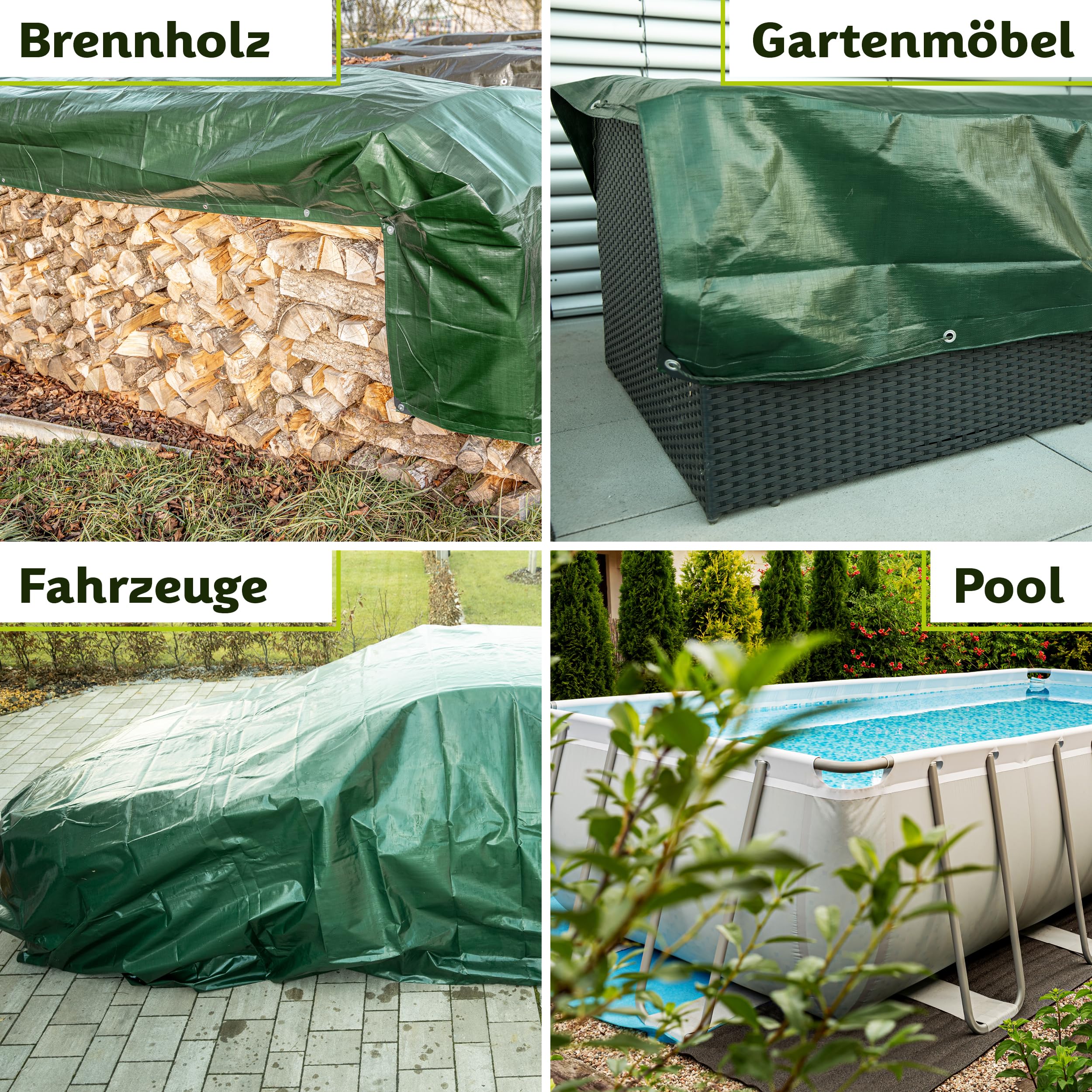 TTL GARDEN Premium Abdeckplane 1,5x10m 210g/m² grün + 25m Seil - reißfest | wasserdicht mit Ösen PE Gewebeplane verstärkte Ecken & Kanten wetterfest UV-beständig Schutzplane Holz Abdeck Plane Tarp