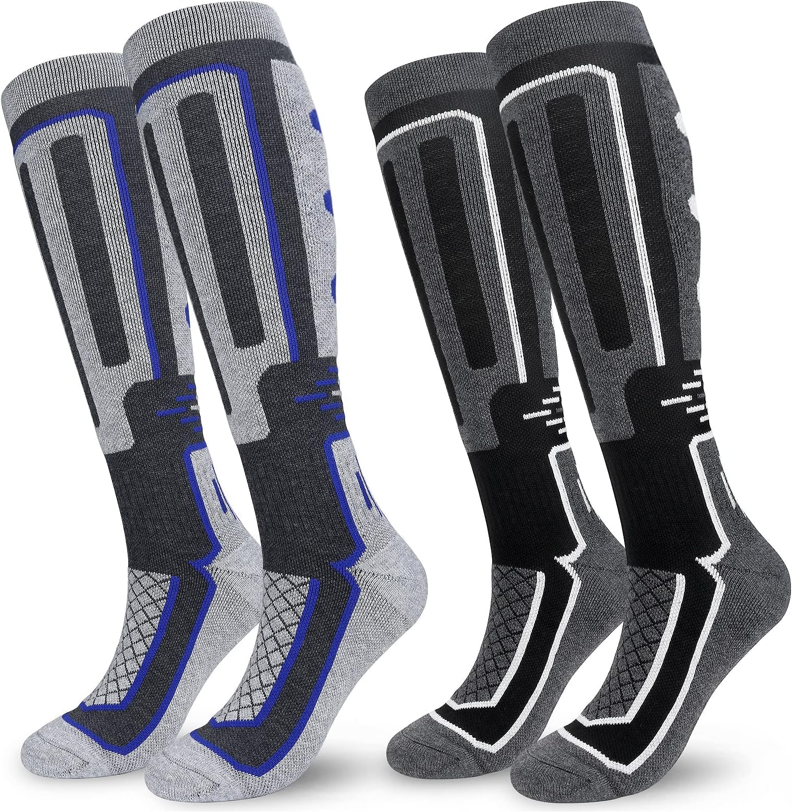 Mens Thermal Ski Socks, 2 Pairs Winter Warm Knee High Cycling Sports Socks Men 9-12 Anti Blister Cushioned Snow Boot Socks for Skiing Snowboard Trekking Hiking