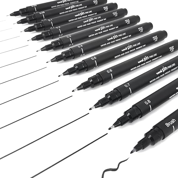 Uni Pin Fineliner Drawing Pen - Complete Set of 11 Grades - Black Ink