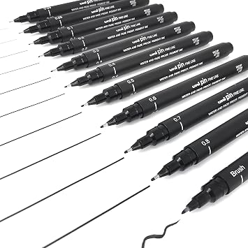 Uni Pin Fineliner Drawing Pen - Complete Set of 11 Grades - Black Ink