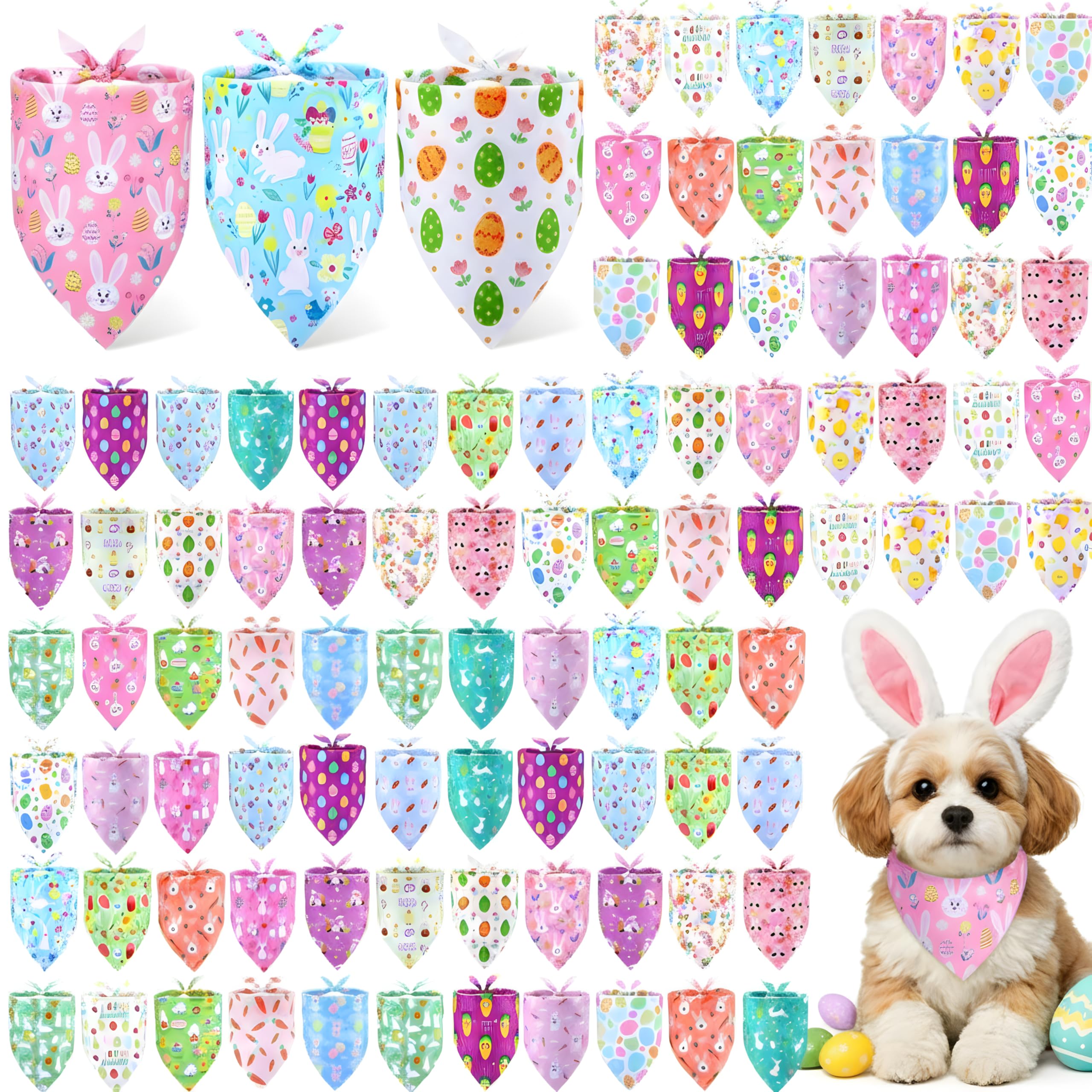 Sanwuta Lot de 100 bandanas de Pâques pour chien en vrac en forme d'œufs de lapin pour chiens, bavoirs triangulaires pour animal domestique, costume de Pâques, accessoires photo, accessoires pour