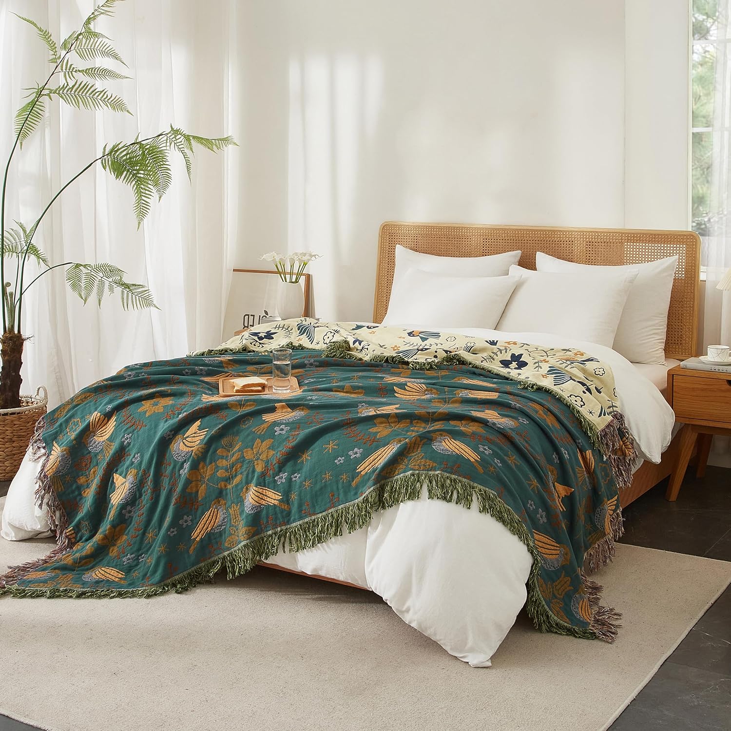 Boho Throw Blanket for Bed 60”x80”, 100% Cotton Woven Blanket for Couch Sofa, Ultra Soft 4-Layer Muslin Quilt with Bird Floral Printed, Farmhouse Bed Blanket/Cover for Living Room Decor - Image 3