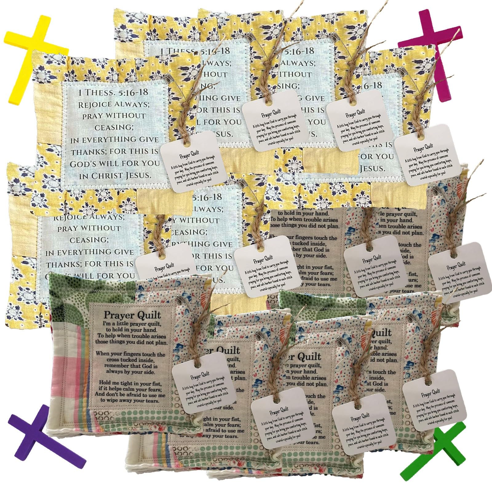 Tedkoo Prayer Quilt with Cross Inside 12 Pack, Handmade Sew Squares Prayer Quilt, Christian Gifts(style A)