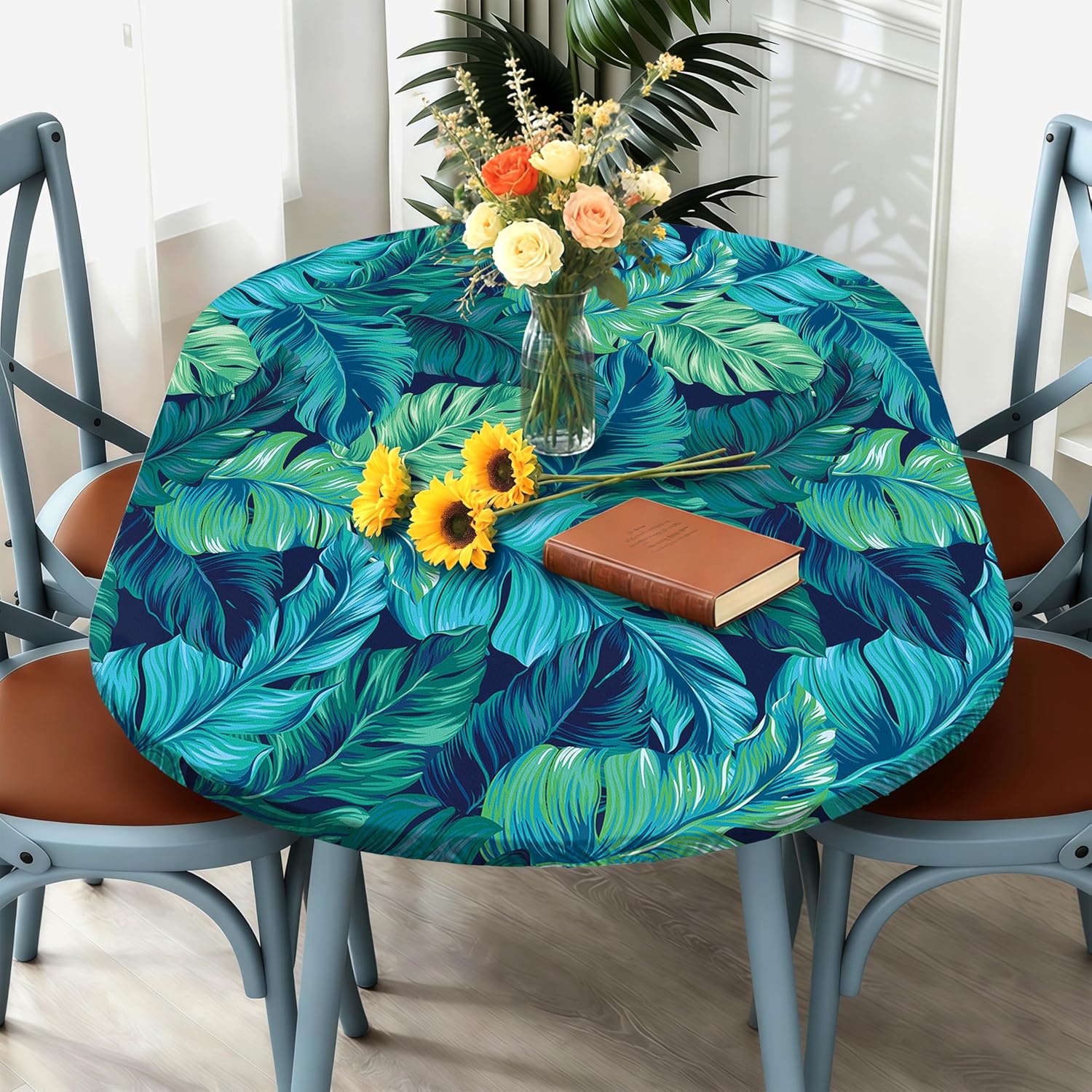 Palm Leaves 48 x 68 Inch Oval Fitted Tablecloth with Elastic Edged, Waterproof Oil Proof Wipeable Oblong Table Cover for Indoor Outdoor Patio Table, Fits Oblong Oval Tables Up To 48" W x 68" L