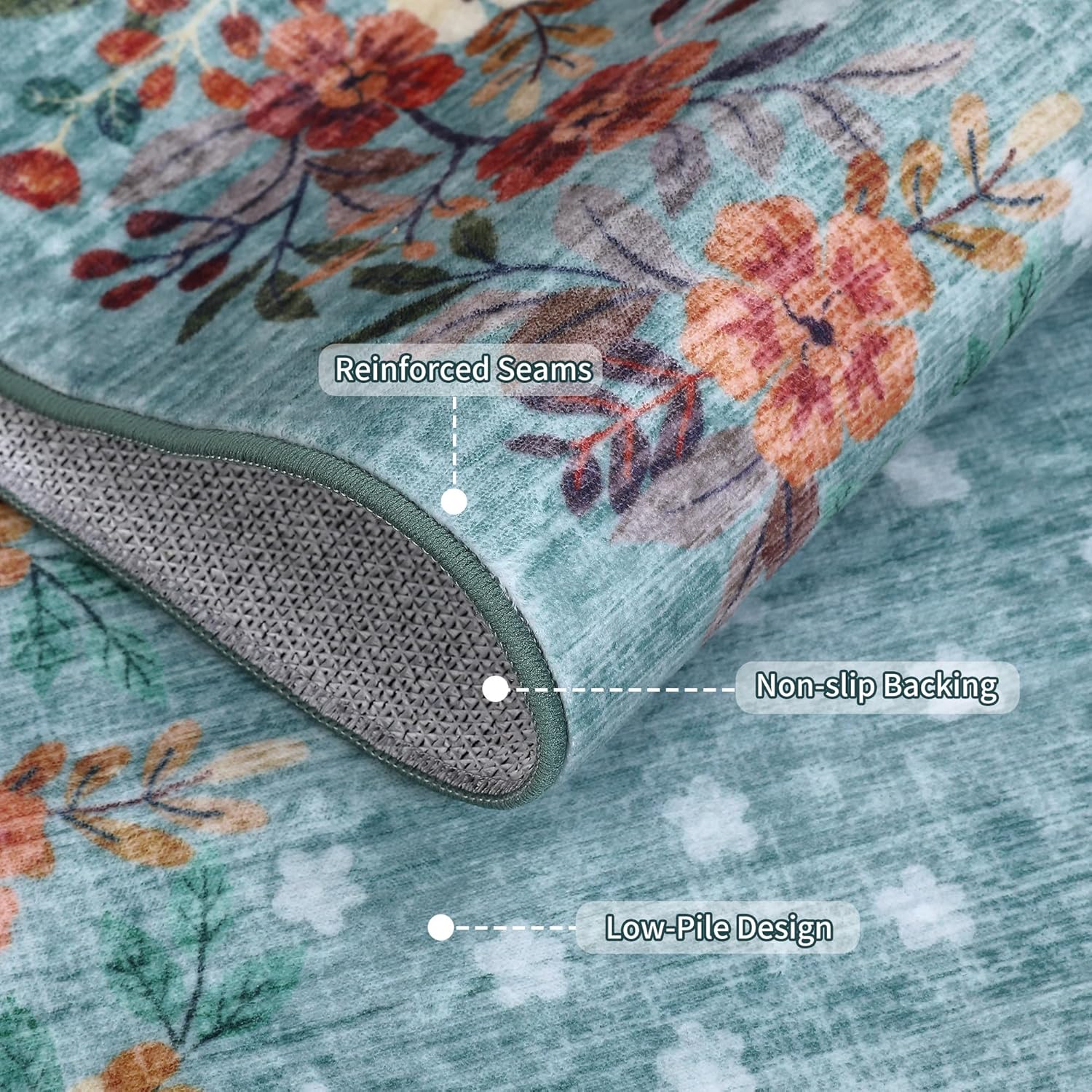 Garvee Green 2x3 Entryway Rug, Washable Floral Area Rug with Non-Slip Backing, Low-Pile Small Carpet for Bedroom Kitchen Living Room