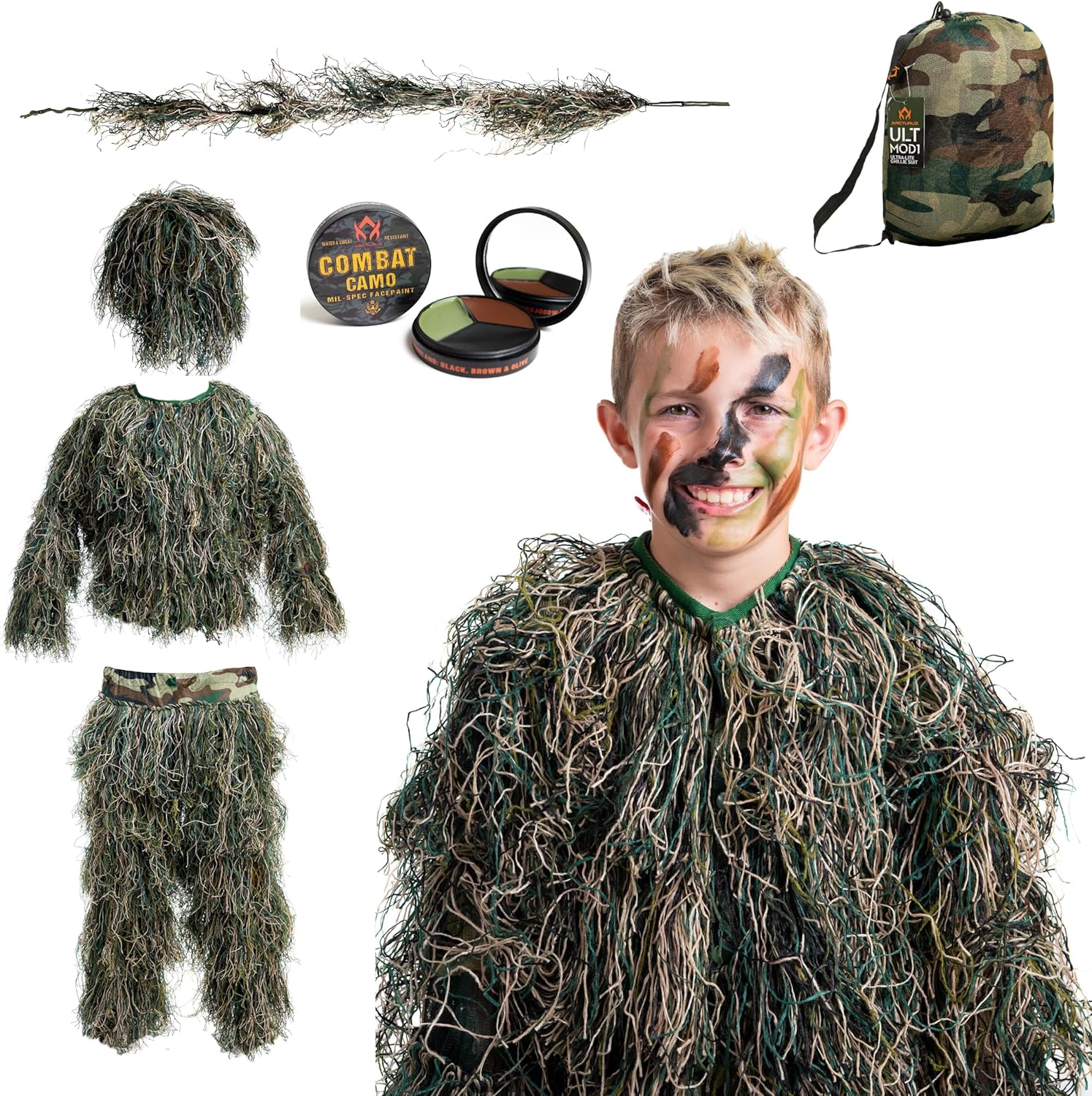 Arcturus Ultra-Lite Kids Ghillie Suit | Includes 3-Color Camo Face Paint| Halloween Costume - Army | Sniper | Bush Costume | Hunting & Airsoft for Children