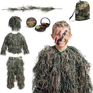 Arcturus Ultra-Lite Kids Ghillie Suit | Includes 3-Color Camo Face Paint| Halloween Costume - Army | Sniper | Bush Costume | Hunting & Airsoft for Children
