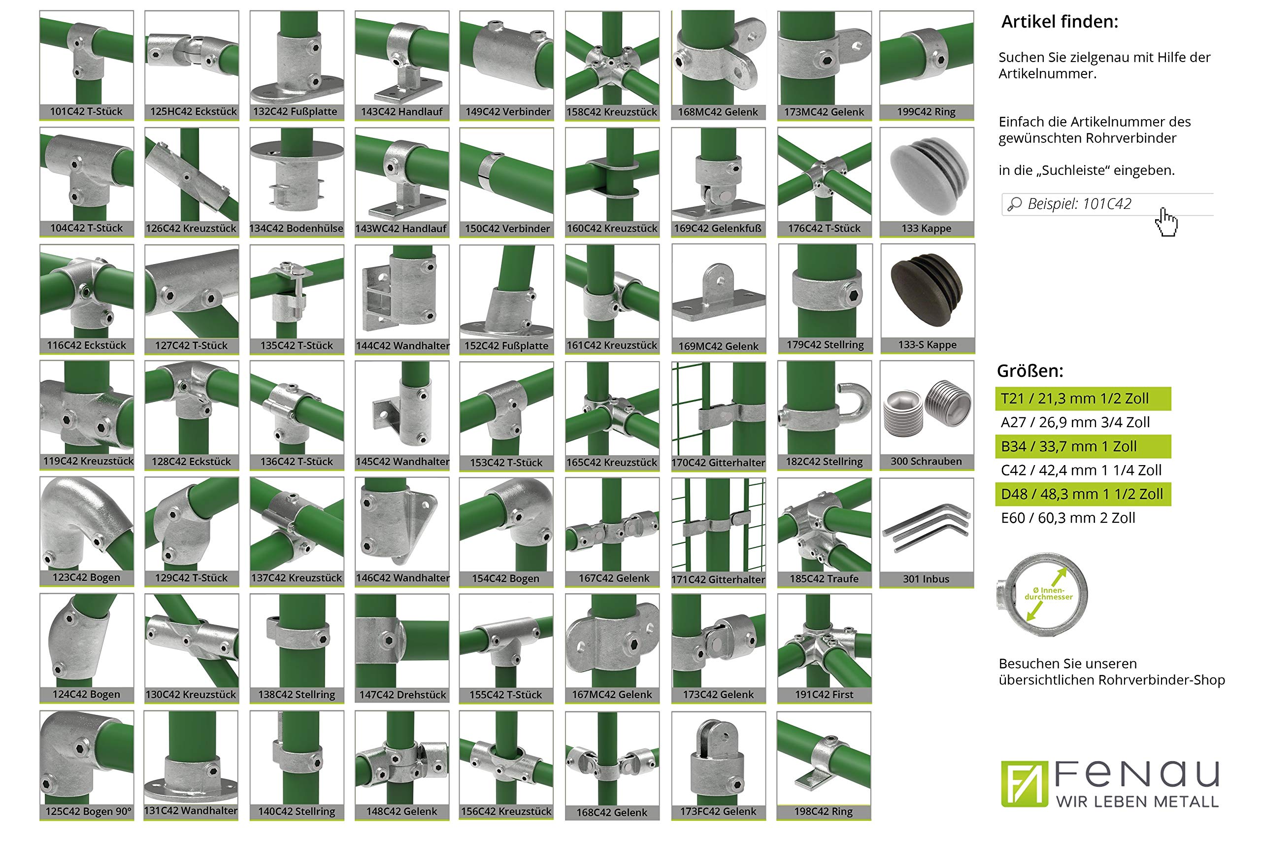 Fenau | element przedłużający/element łączący, wewnętrzny łącznik rurowy, Ø 33,7 mm, żeliwo ciągliwe galwanizowane, ocynkowane ogniowo, w zestawie śruby