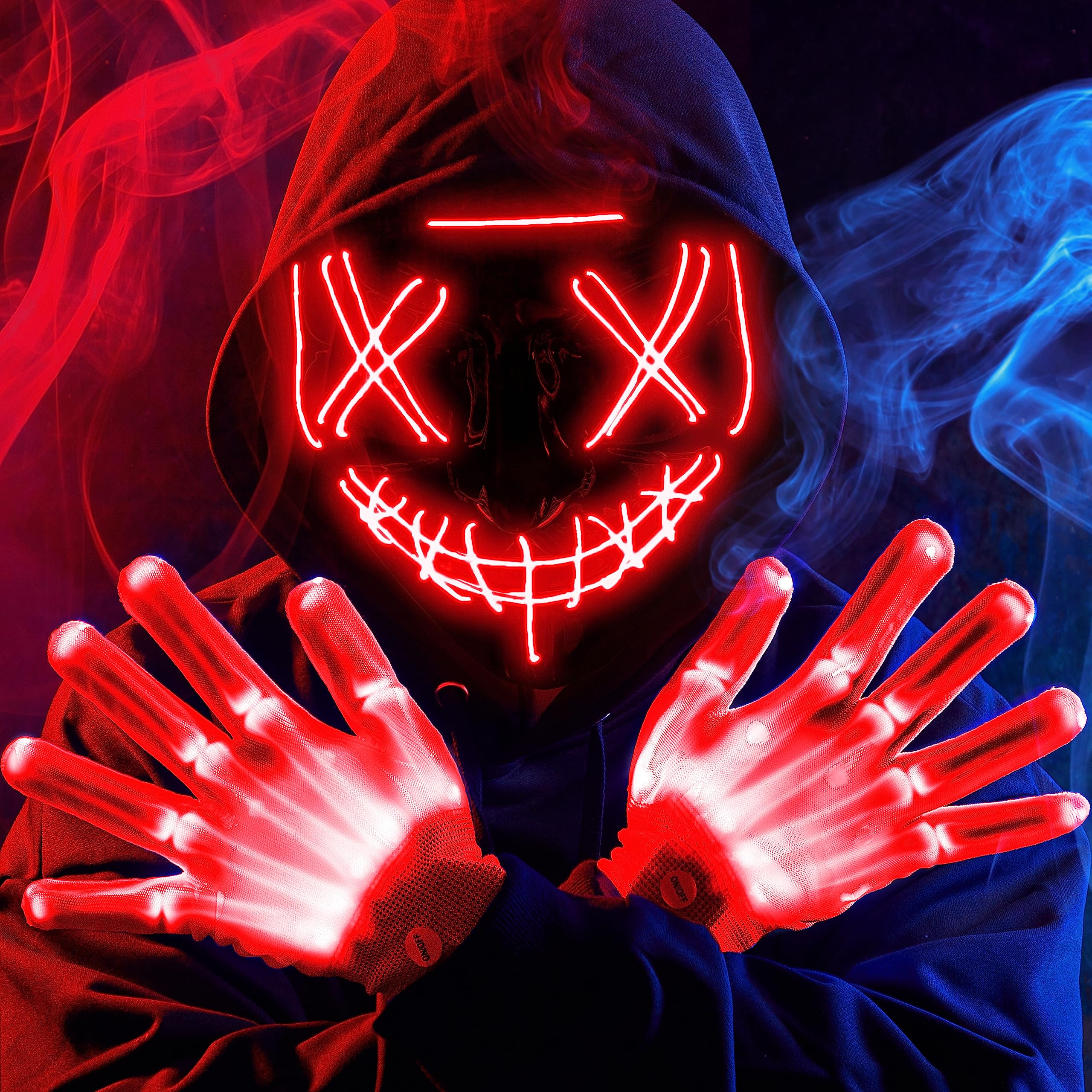 Máscara LED de Halloween, máscara de luz y guantes para disfraz de cosplay (rojo), 3 modos de máscaras aterradoras que brillan en la oscuridad para niños y niñas, accesorios de disfraces para