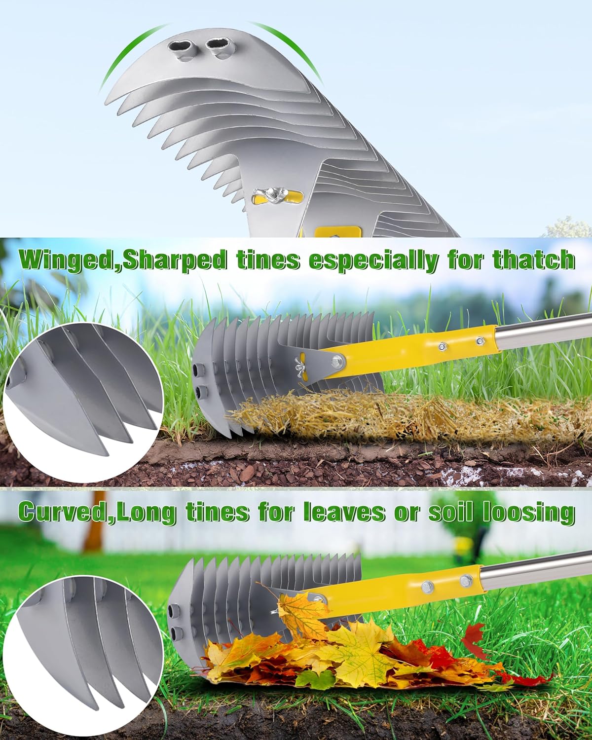 Thatch Rake,Dual-Sided Lawn Dethatcher with Stainless Steel Tines Efficient Thatching Tool for Removing Dead Grass & Moss Heavy Duty & Ergonomic Handle thumbnail