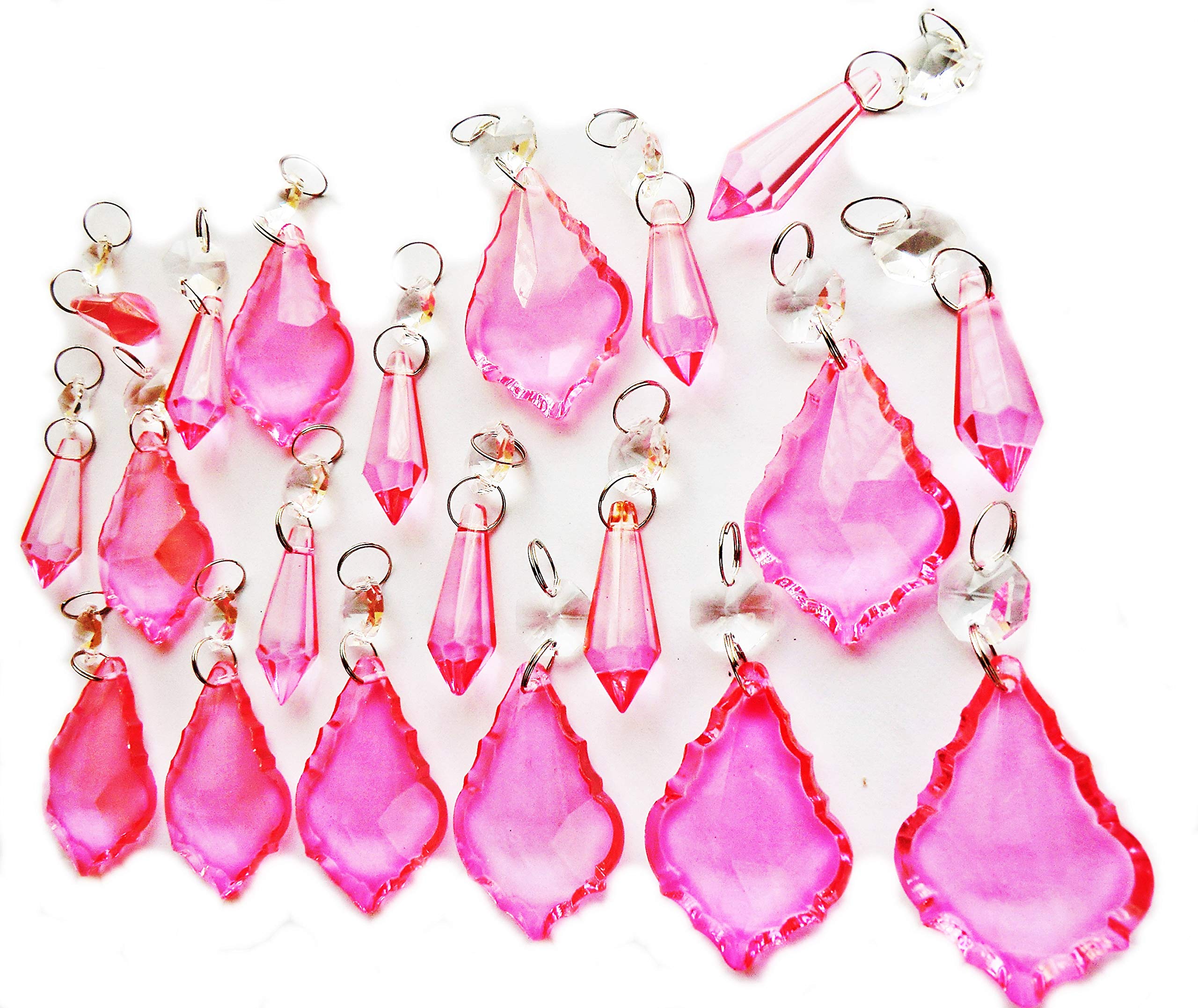 20 Pink Chandelier Drops Bundle Sets Cut Glass Crystals Droplets Beads Christmas Tree Ornaments Decorations Prisms Art Deco Retro Beads Seear Lights (PINK MIX20)