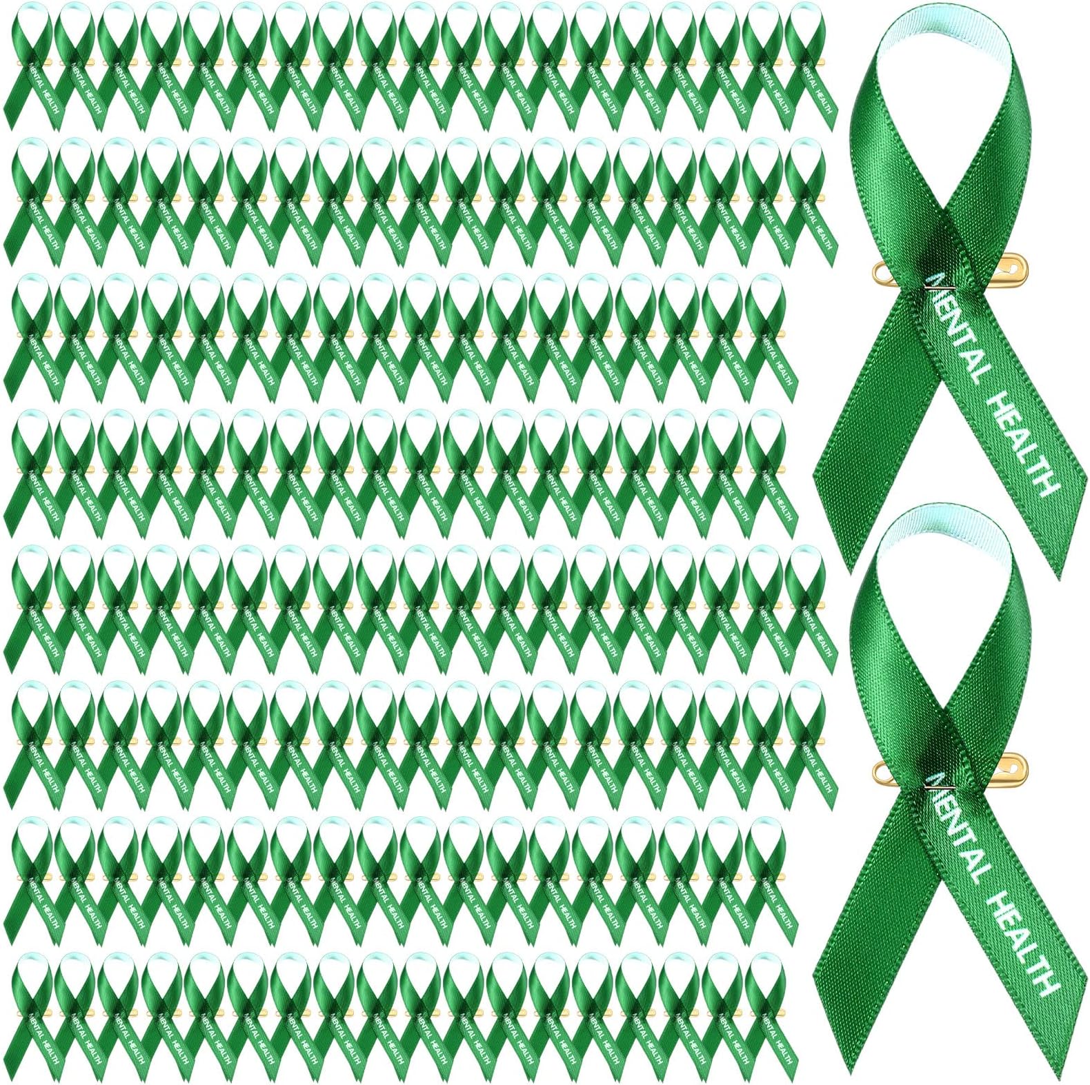 Hanaive 150 Pcs Mental Health Awareness Ribbons Green Satin Fabric Ribbons with Safety Pins Mental Health Awareness Items for Charity Public Social Event Welfare Supplies