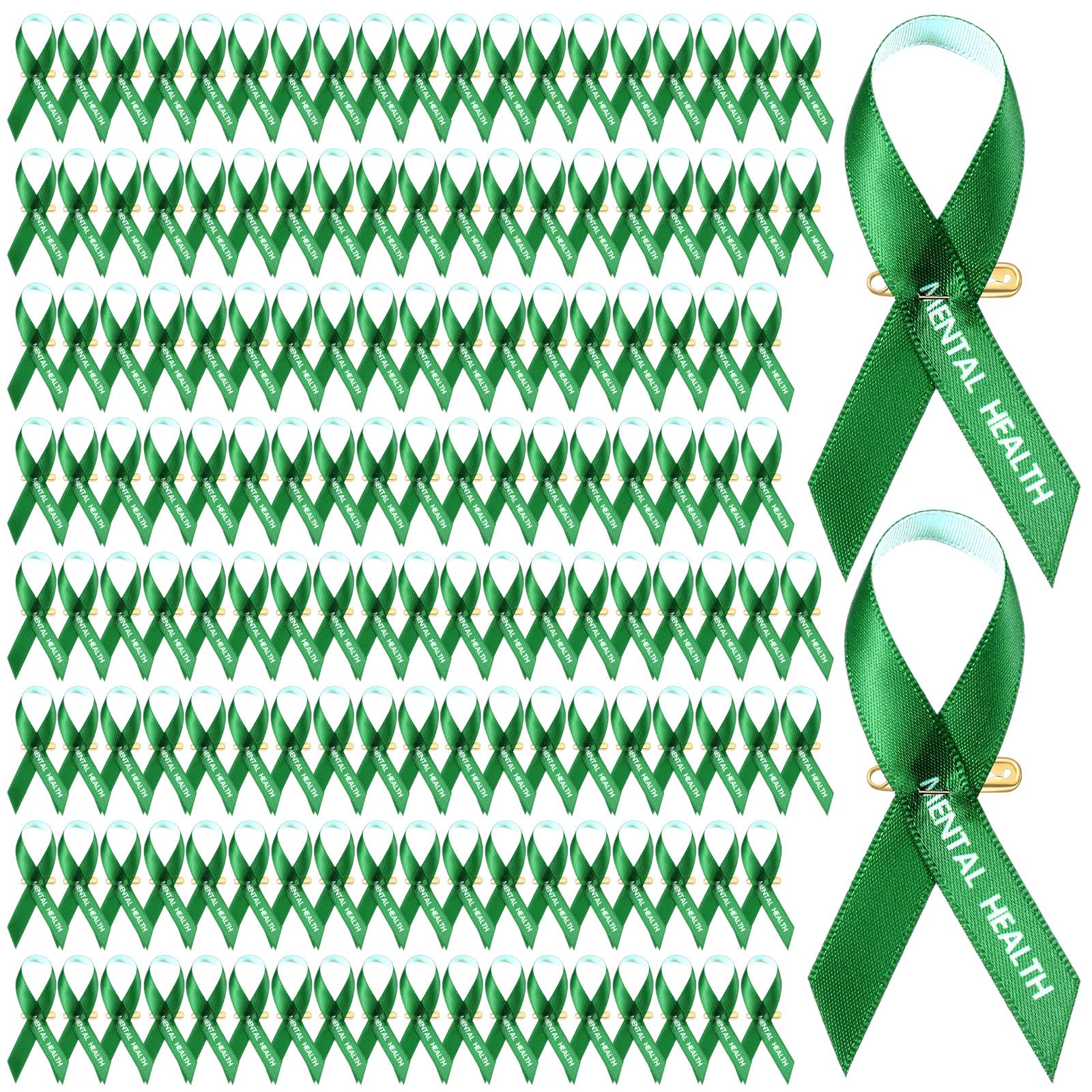 Hanaive 150 Pcs Mental Health Awareness Ribbons Green Satin Fabric Ribbons with Safety Pins Mental Health Awareness Items for Charity Public Social Event Welfare Supplies