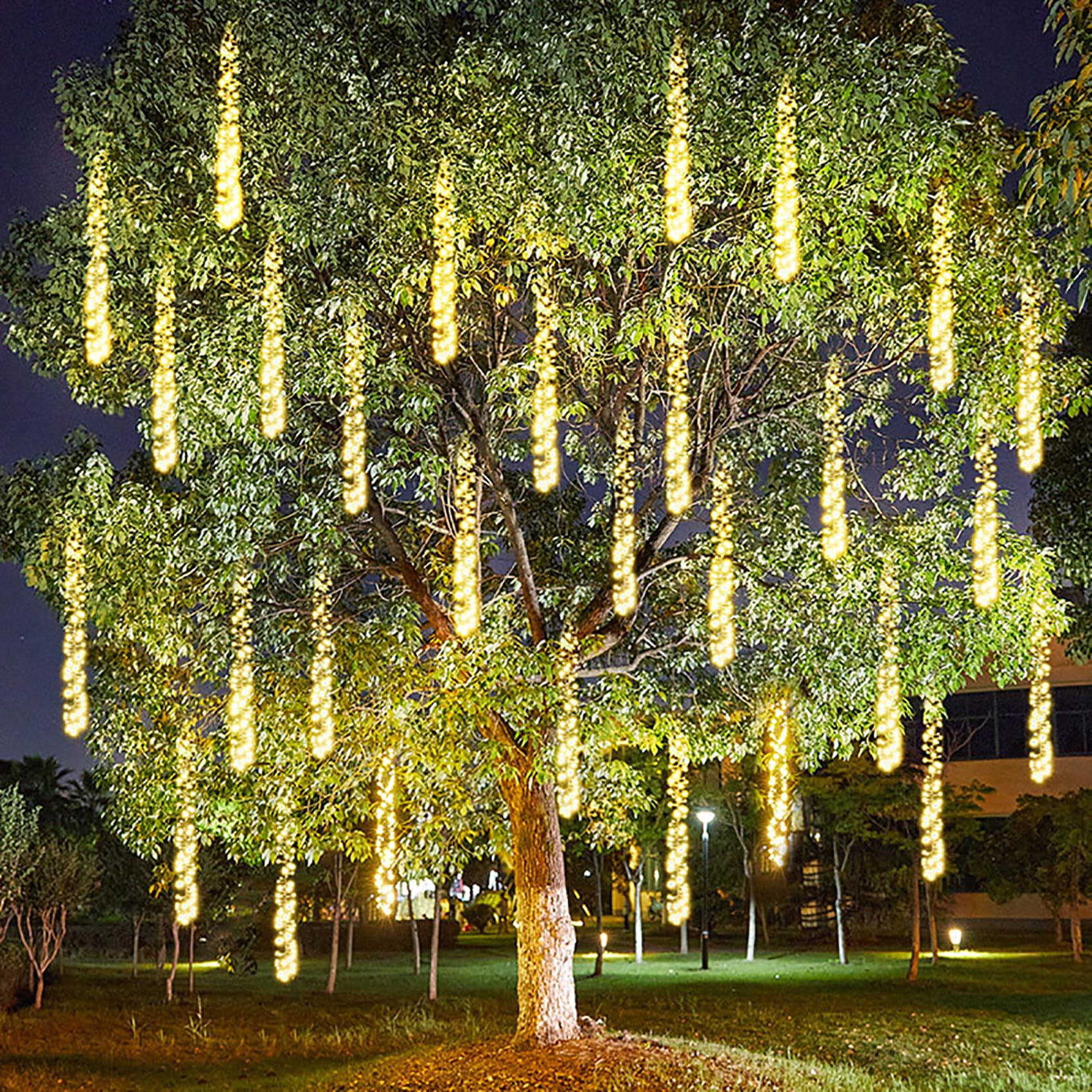 Solar LED Cluster Lichterkette 1.5M 360 LED Lichterkette Außen 3 Stränge Büschellichterkette Wasserdichte Meteorschauer Lichterkette für Weihnachtsbaum Party Garten (Warmes Weiß)