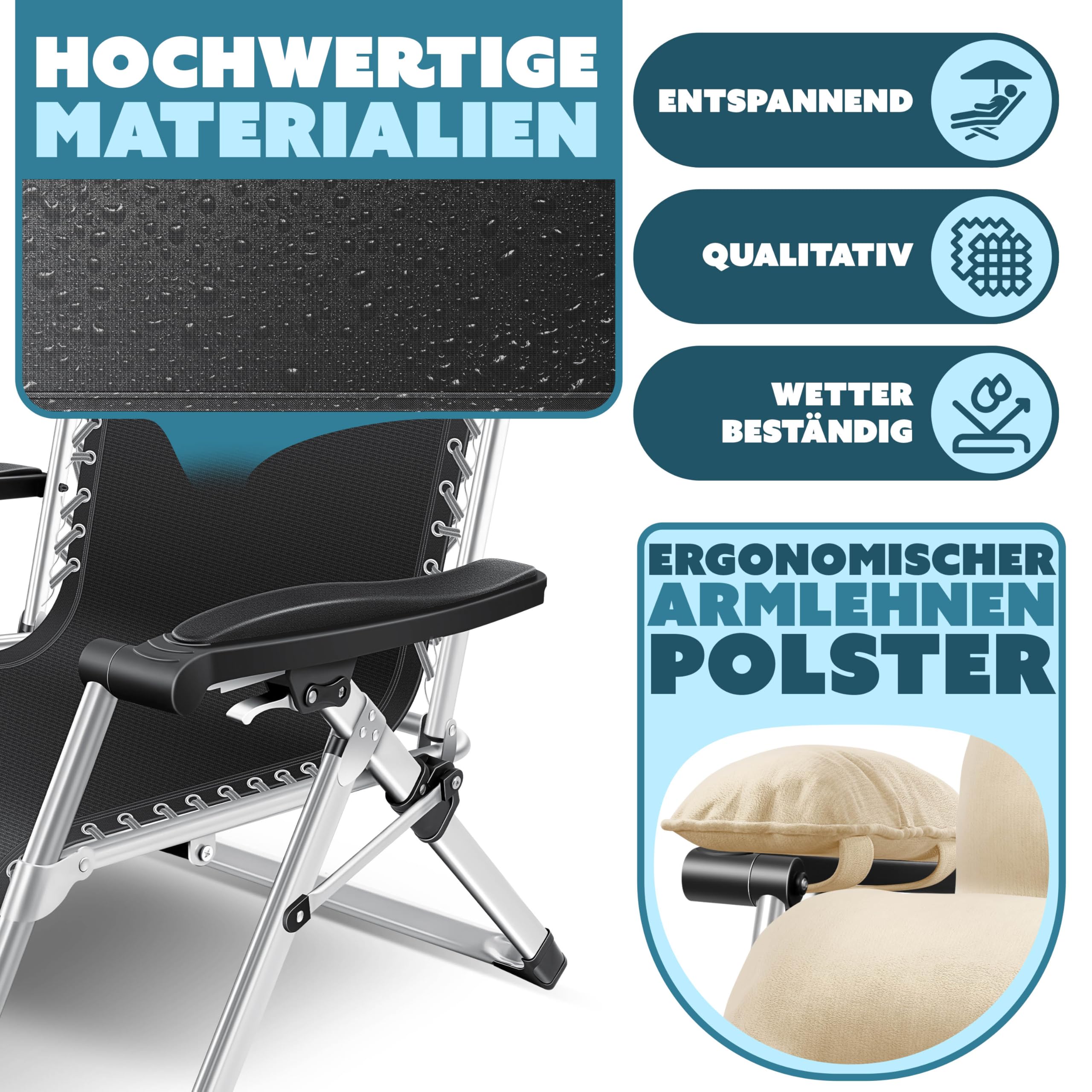 KESSER® Składany leżak ogrodowy XXL, odporny na warunki atmosferyczne, udźwig 200 kg, ergonomiczna poduszka, regulowane oparcie z poduszką pod kark, uchwyt na kubek i wyściółka do