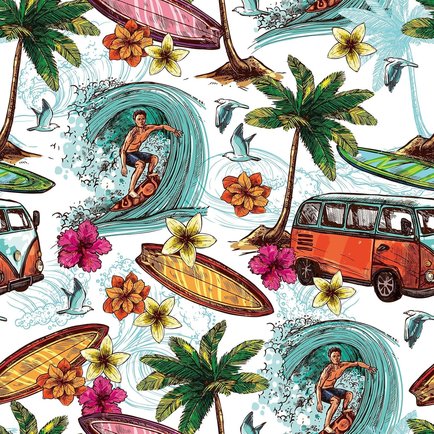 LaCheery Whimsical Wallpaper Peel and Stick Tropical Beach Wallpaper Green Palm Tree Surf Boy Floral Wall Paper Peel Stick Blue Bird Contact Paper for Bedroom Bathroom Walls Waterproof Mural 17.5"x79"