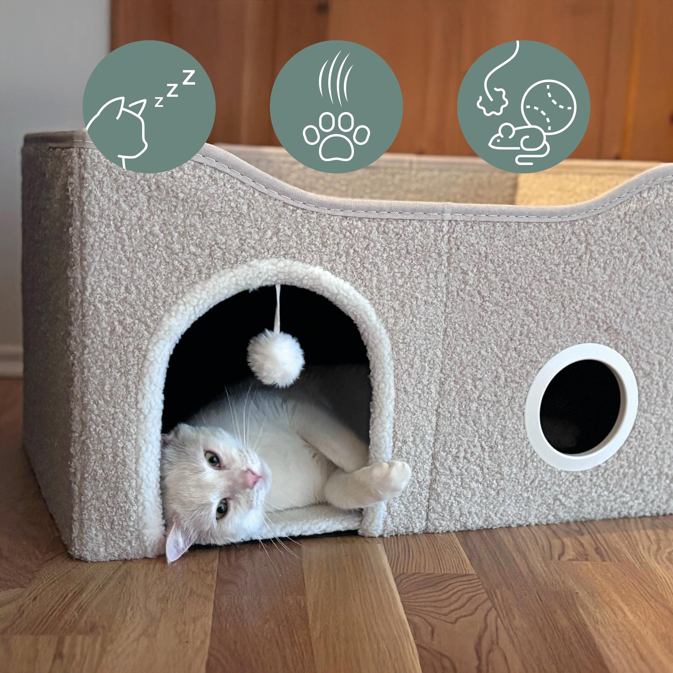 Pawy EB Niche pliable pour chat d'intérieur avec planche à gratter et balle de jeu, grande surface de couchage, beige, 62 x 41 x 33 cm