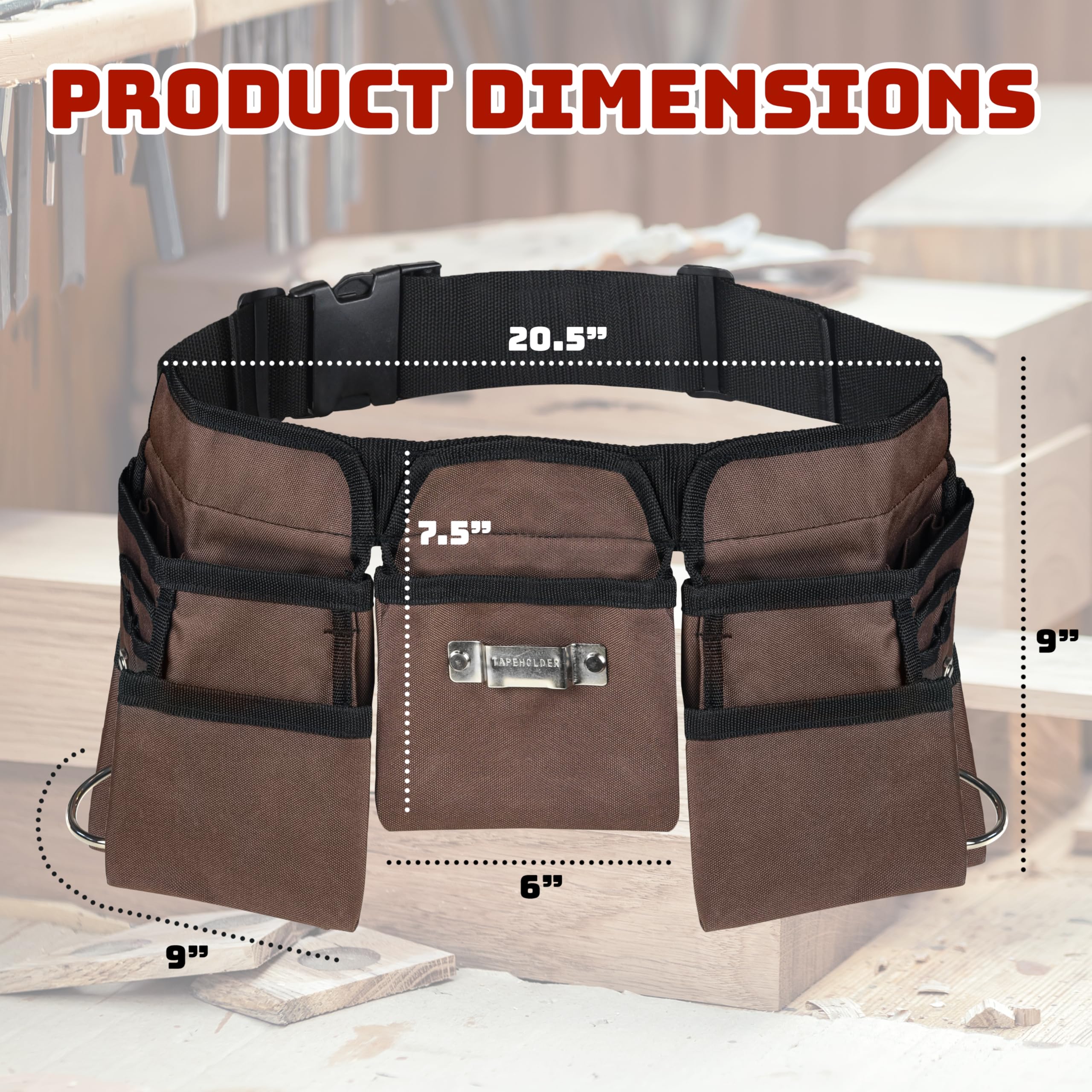 11 Pocket Brown and Black Heavy Duty Construction Tool Belt, Work Apron, Tool Pouch, with Poly Web Belt Quick Release Buckle - Image 2