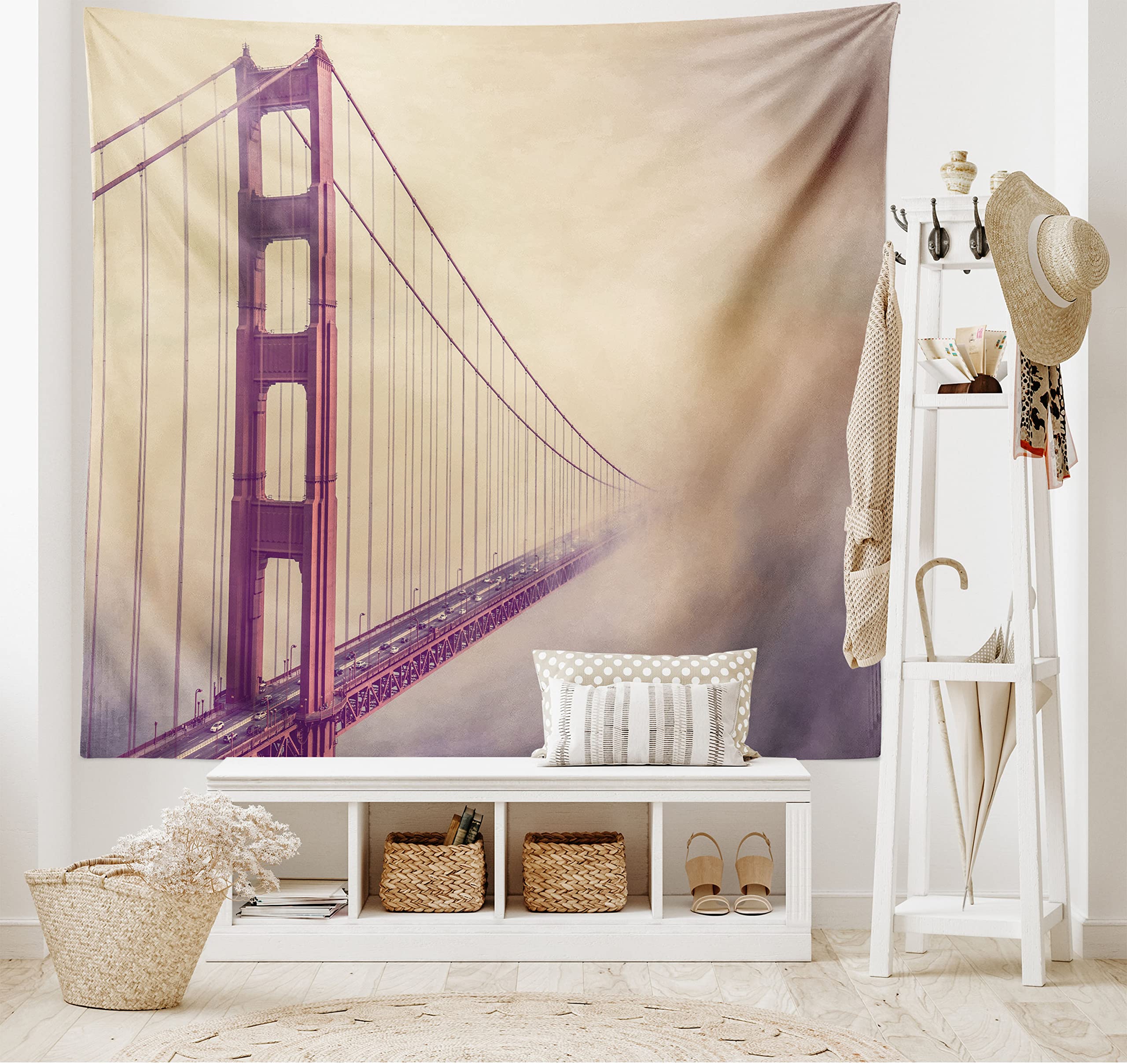 Ambesonne United States Tapestry, San Francisco Golden Gate Bridge Scenery Fog Highway Architecture, Wide Wall Hanging for Bedroom Living Room Dorm, 80