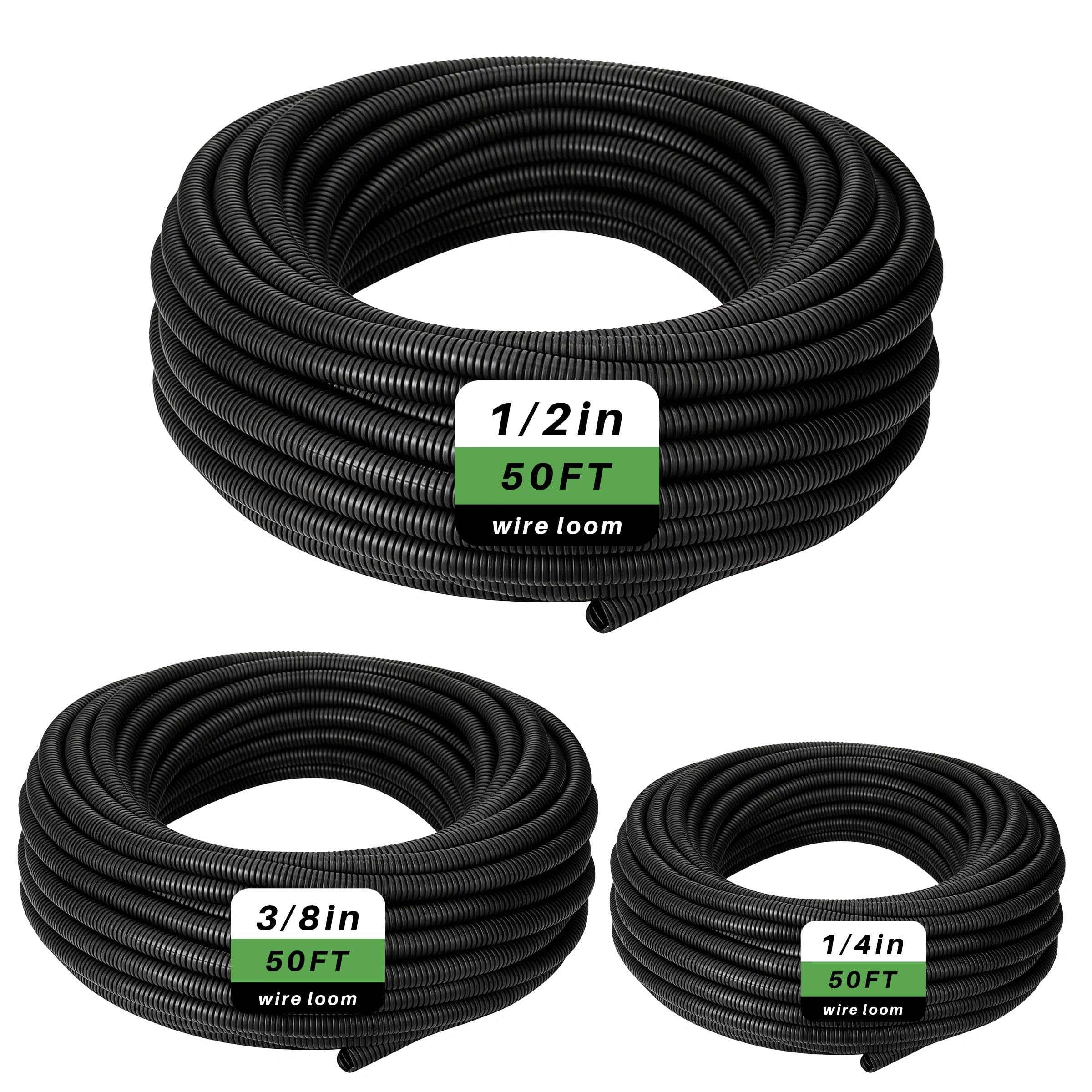 Split Loom Tubing Wire Conduit, Cable Loom Size 1/4in, 1/2in, 3/8in x 50 Feet, Cable Conduit and Sleeve Protective, Used for Management, Wire Protective Sleeve