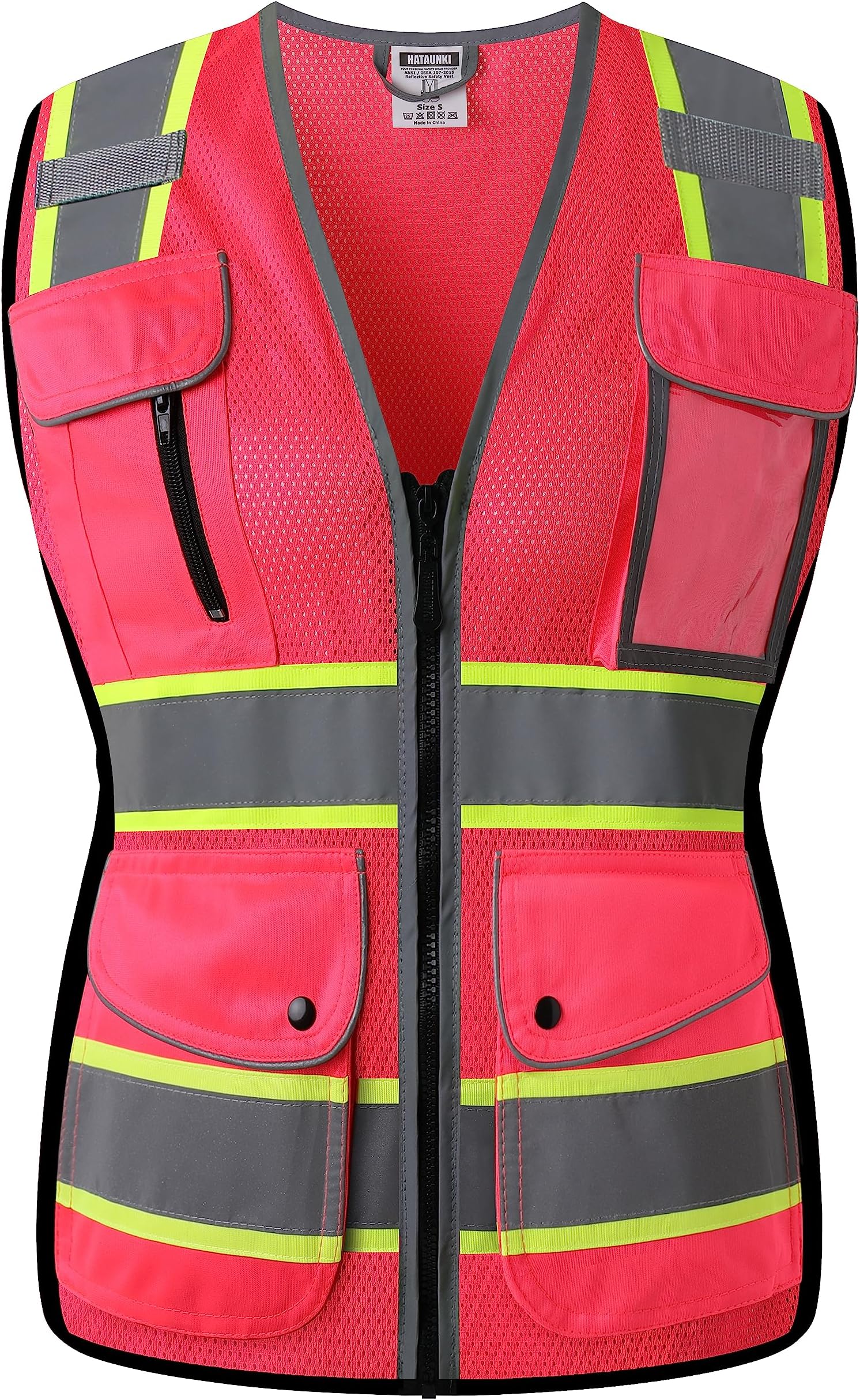 High Visibility Reflection Pink Mesh Safety Vests with 8 Pockets and Front Zipper, hi vis safety vest for Women, Meets ANSI/ISEA Standards(Pink-16,Medium)