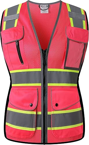 Vista 17 de Chaleco de seguridad reflectante para mujer, chaleco de malla de alta visibilidad con 8 bolsillos y cremallera frontal, chaleco de alta visibilidad