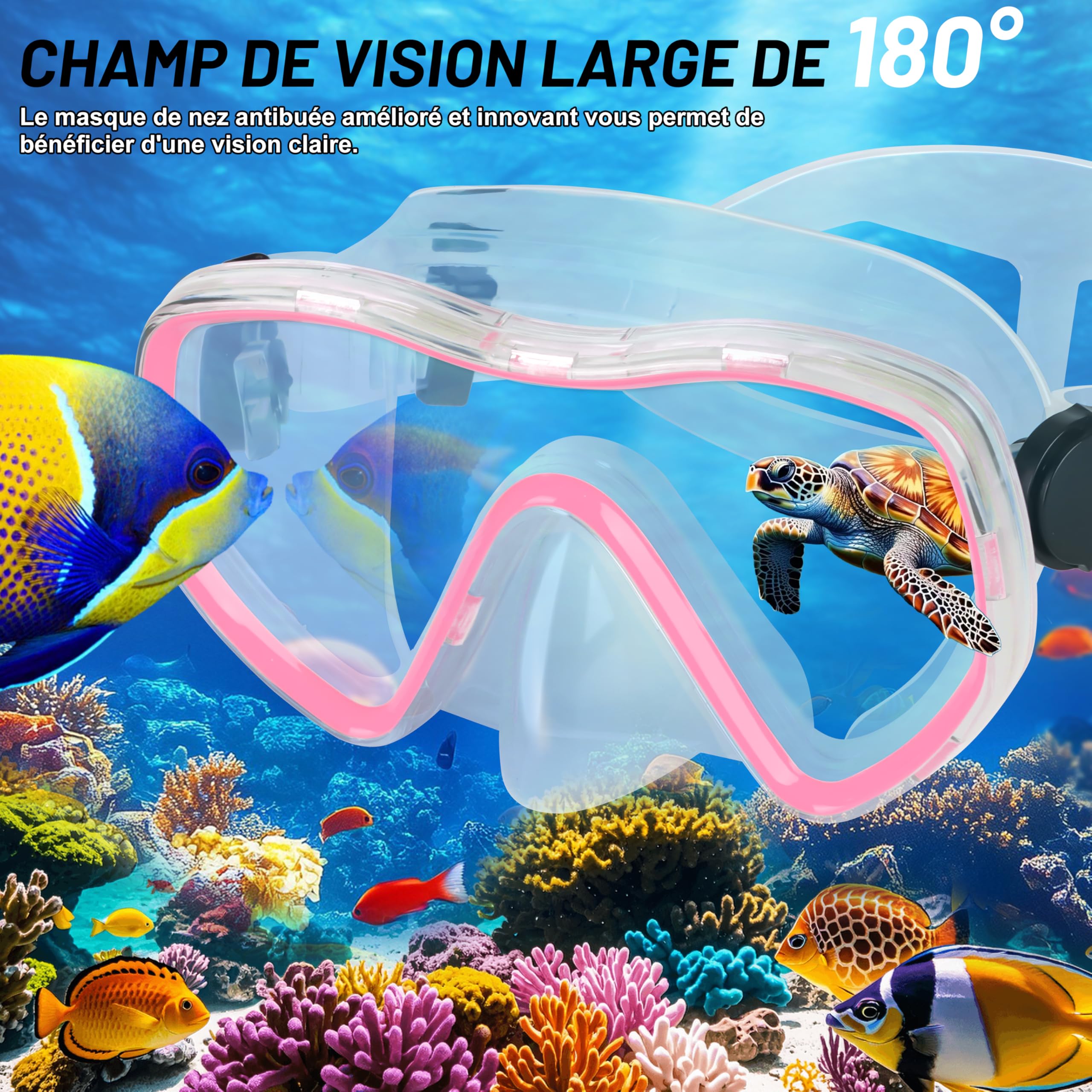 IEEILULU Masque Plongée Anti Buée et Tuba Sec, Kit de Plongée Adulte 7 Pièces avec Palmes Réglables, Pochette Étanche, Bouchons d'oreille, Kits de Randonnée Aquatique pour Homme Femme