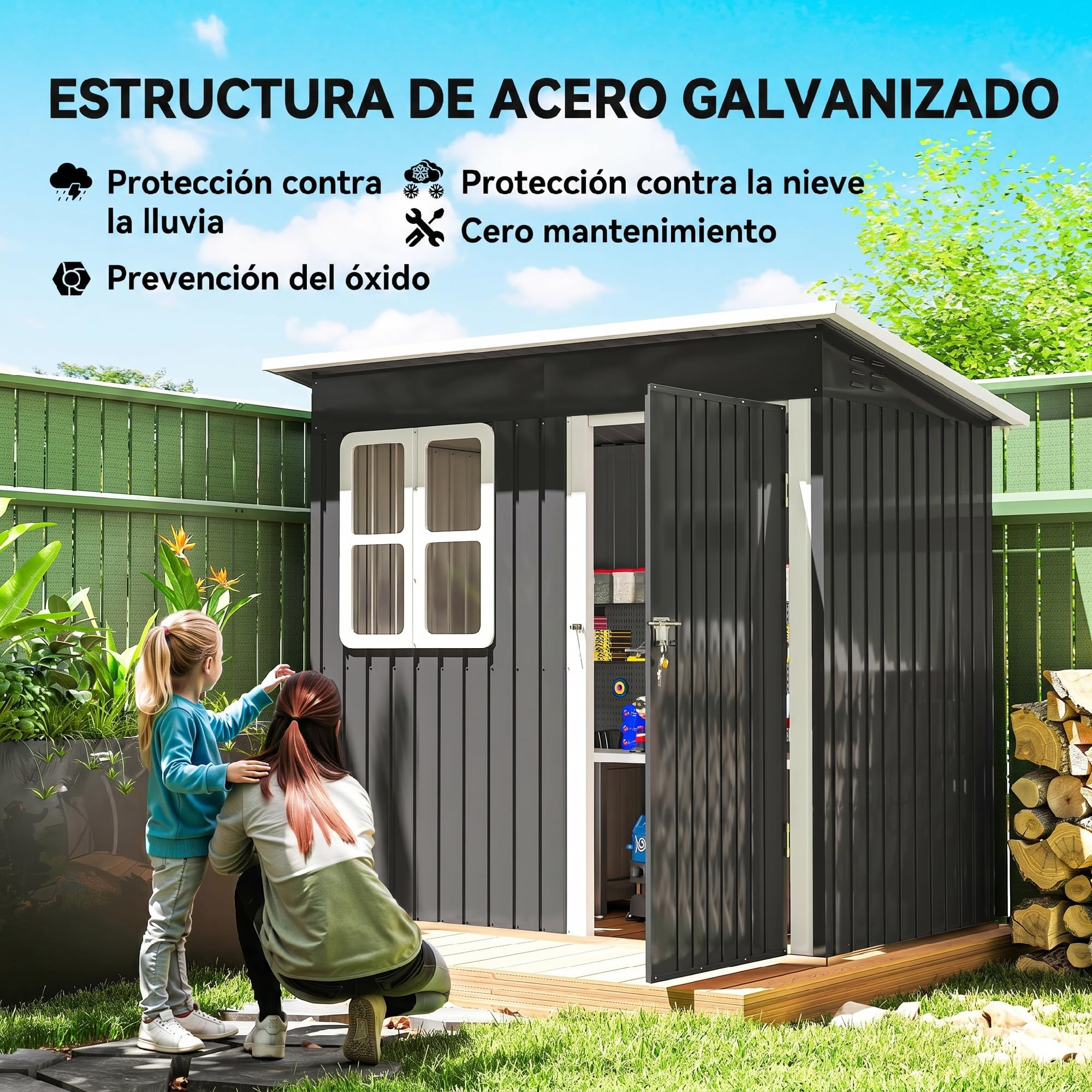 Outsunny Caseta de Jardín Exterior 2,55 m² 221x133x190 cm Gris Oscuro | Cobertizo de Jardín Metálico, Ventana, Puerta con Cerradura y Ventilaciones, para Almacenamiento de Herramientas