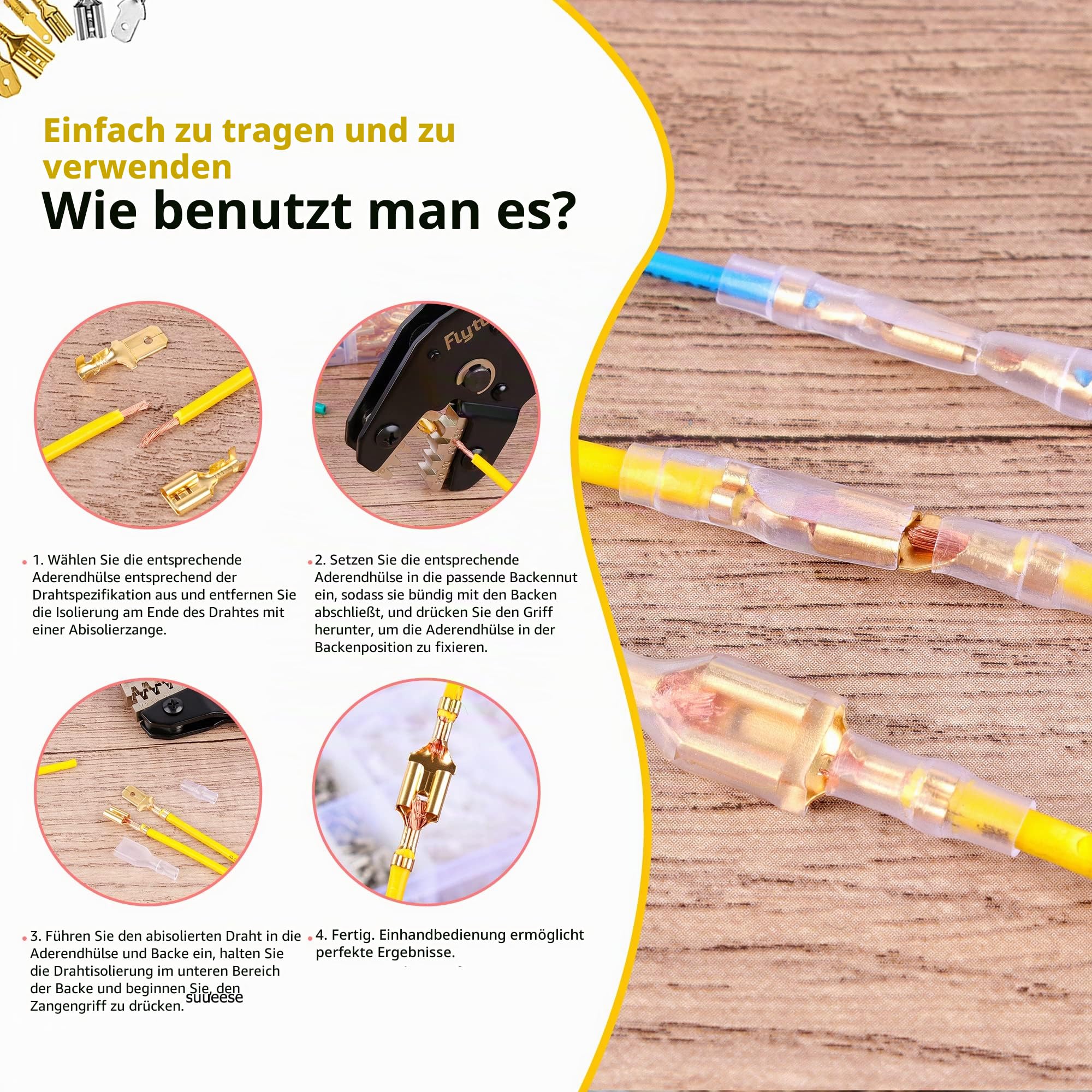 Kabelschuh-Crimper-Set, Flytuo Selbstverstellende automatische Ratschen-Kabelschuh-Zange AWG 24-16 (0,25-2,5 mm²) mit 720PCS männlichen und weiblichen Flachsteckern und isolierten Hülsen