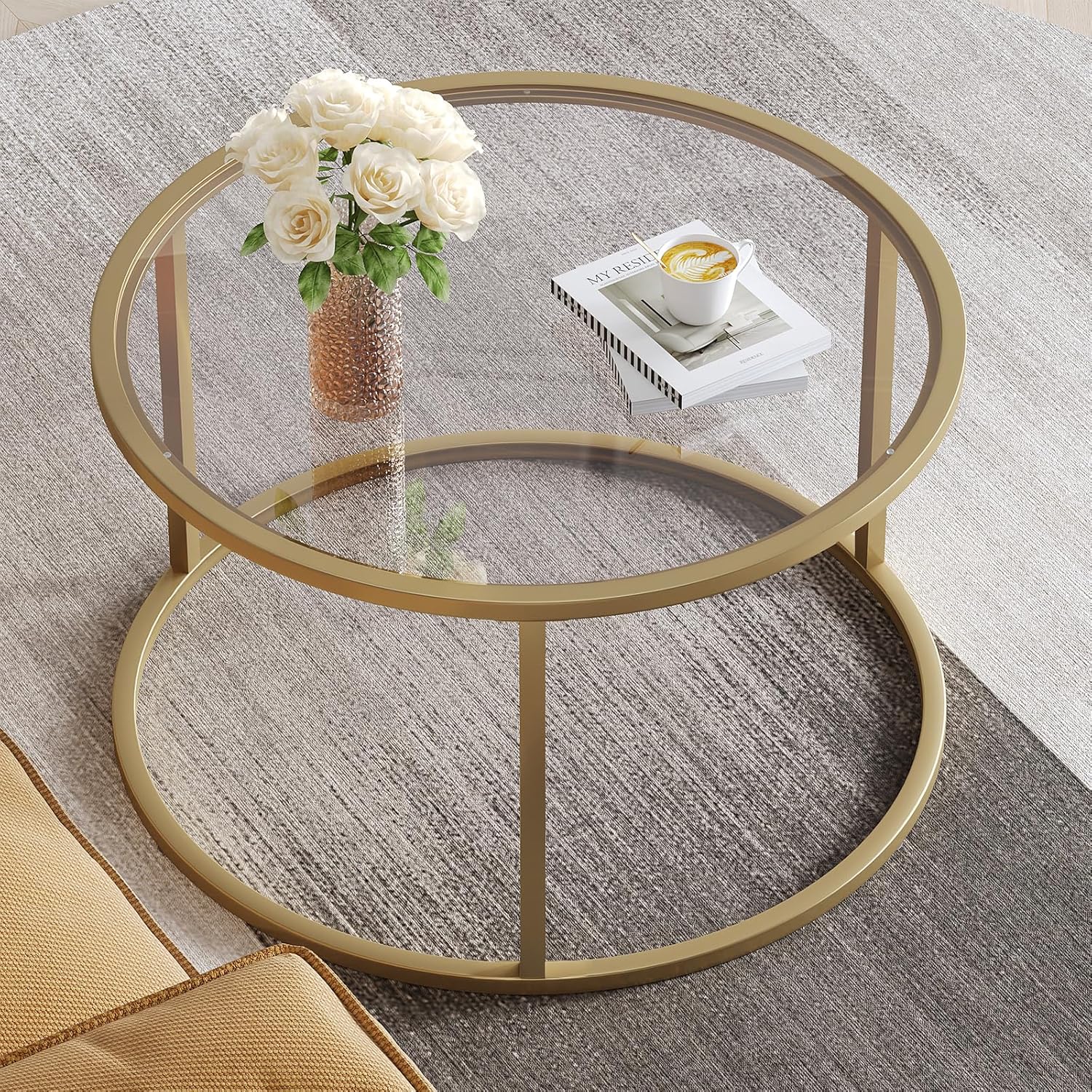 SAYGOER Small Glass Coffee Table Round Gold Coffee Table