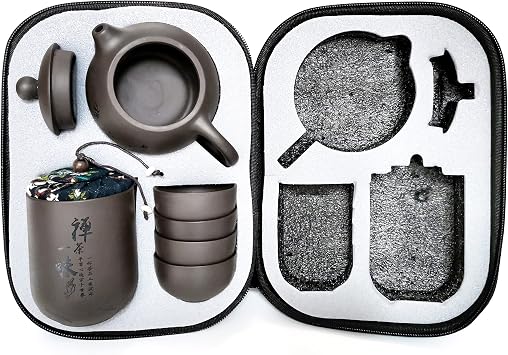 Portable Tea Set,Chinese Teapot Set Handmade Ceramic Tea Set Travel Bag Suitable for Travel Home Outdoor and Office Black
