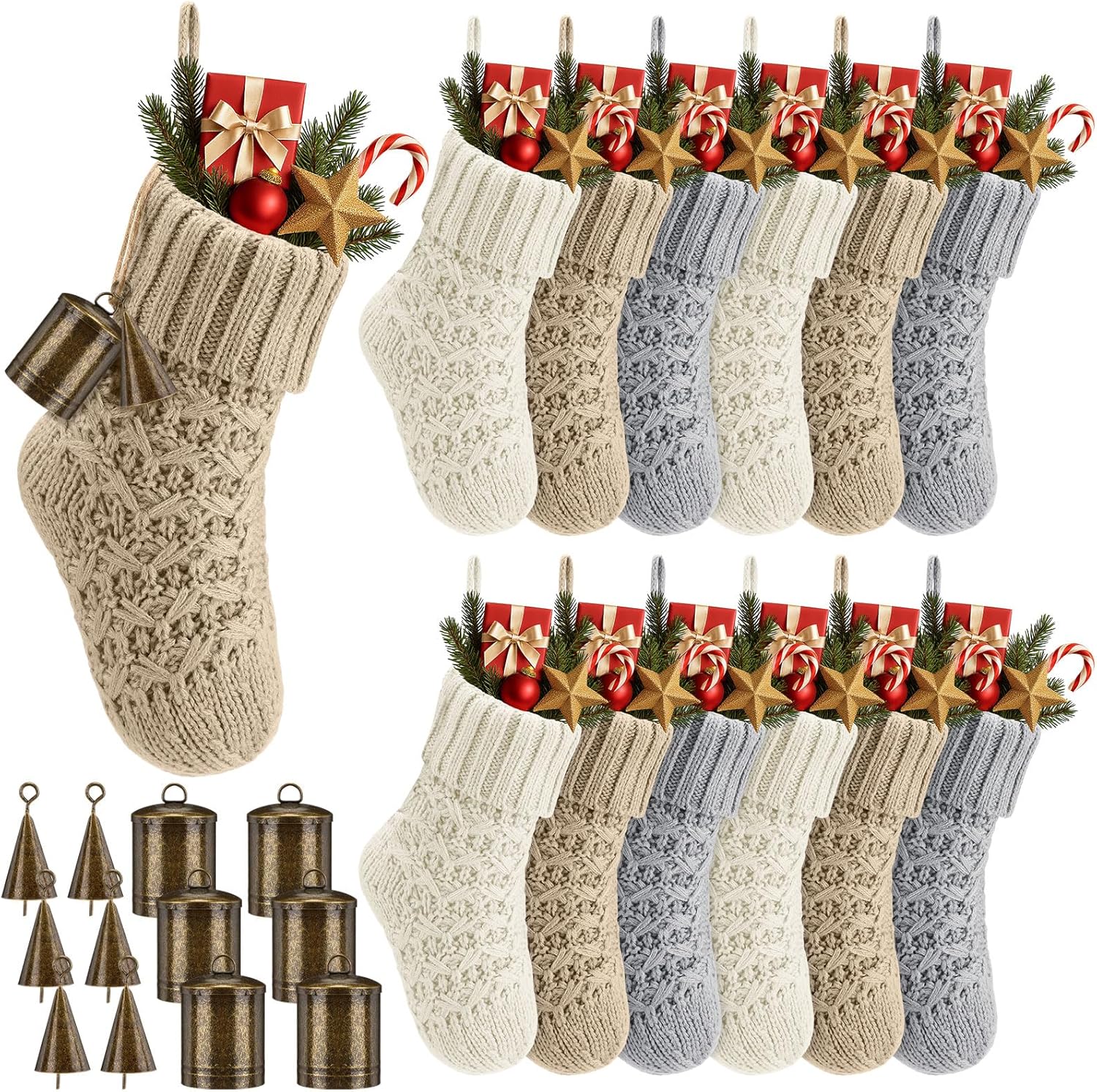 Zubebe 12 Pcs Khaki and Cream Knitted Vintage Mini Christmas Stockings with 12 Pcs Rustic Metal Bells 7 Inch Farmhouse Neutral Small Cow Stockings Boho Decorations for Holiday Family Xmas Tree