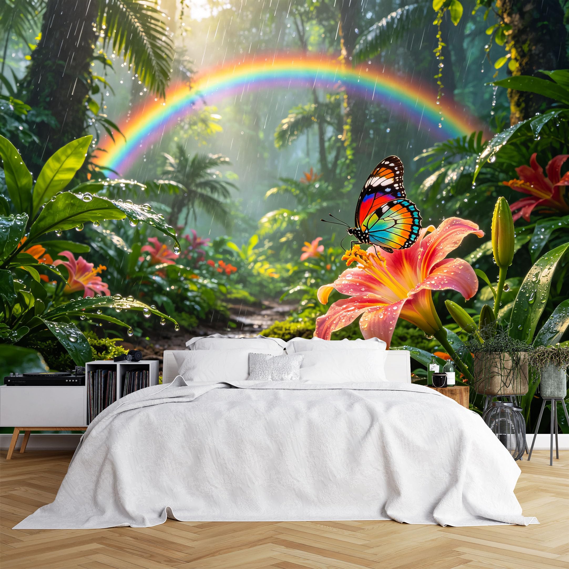 Lcythiazole Ch260615183 Custom Size Wall Murals Rainy Jungle Rainbow Butterfly Lily Floral Scene Vivid Self-Adhesive Wall Fabric (No Pvc) Removable Wallpaper For Bedroom Nursery