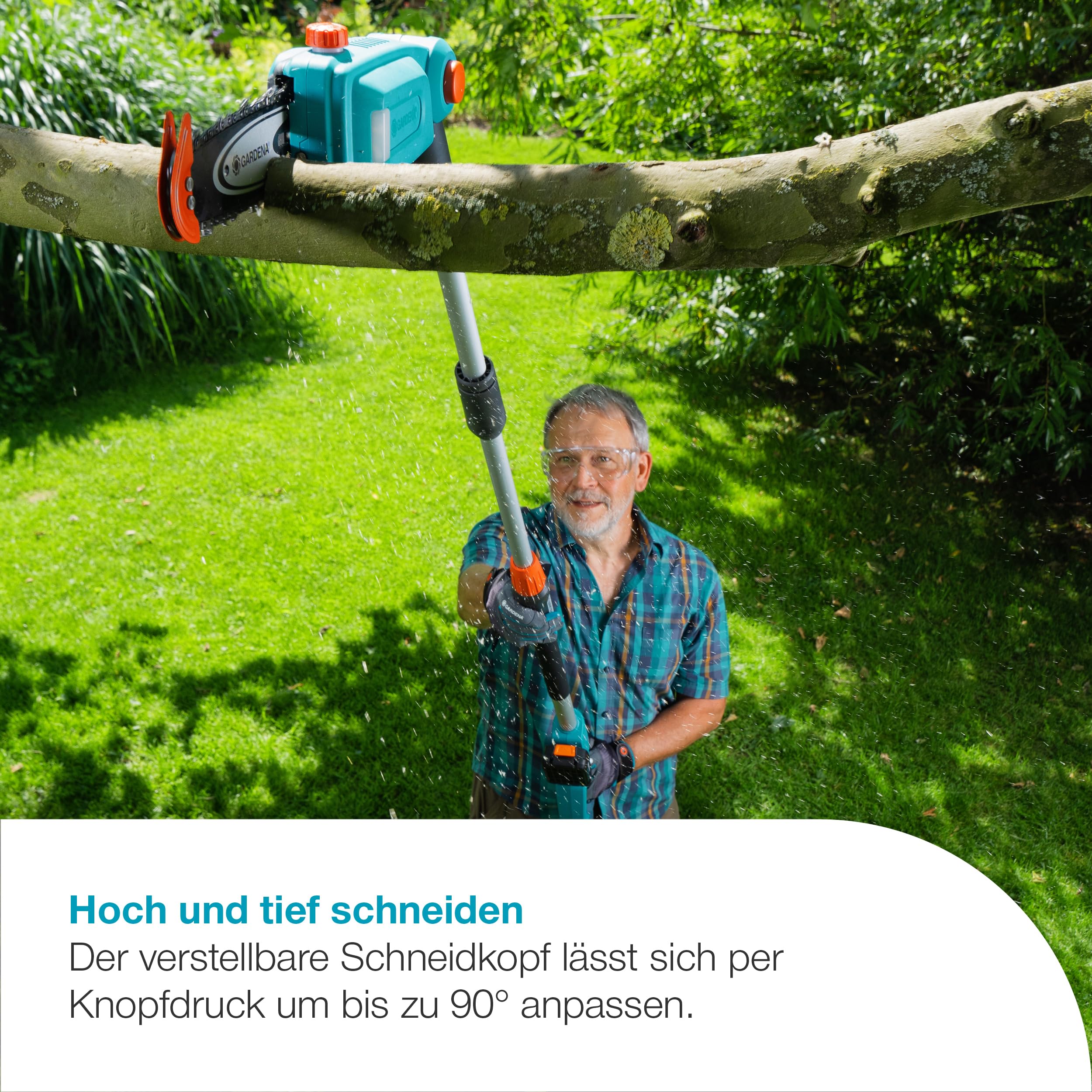 Gardena Akku-Teleskop-Hochentaster TCS 20/18V P4A Ready-To-Use Set: Teleskopgriff, Reichweite bis 4 m, Schneidunterstützung, Abwinkelbarer Schneidkopf, Kabellos (14770-20)