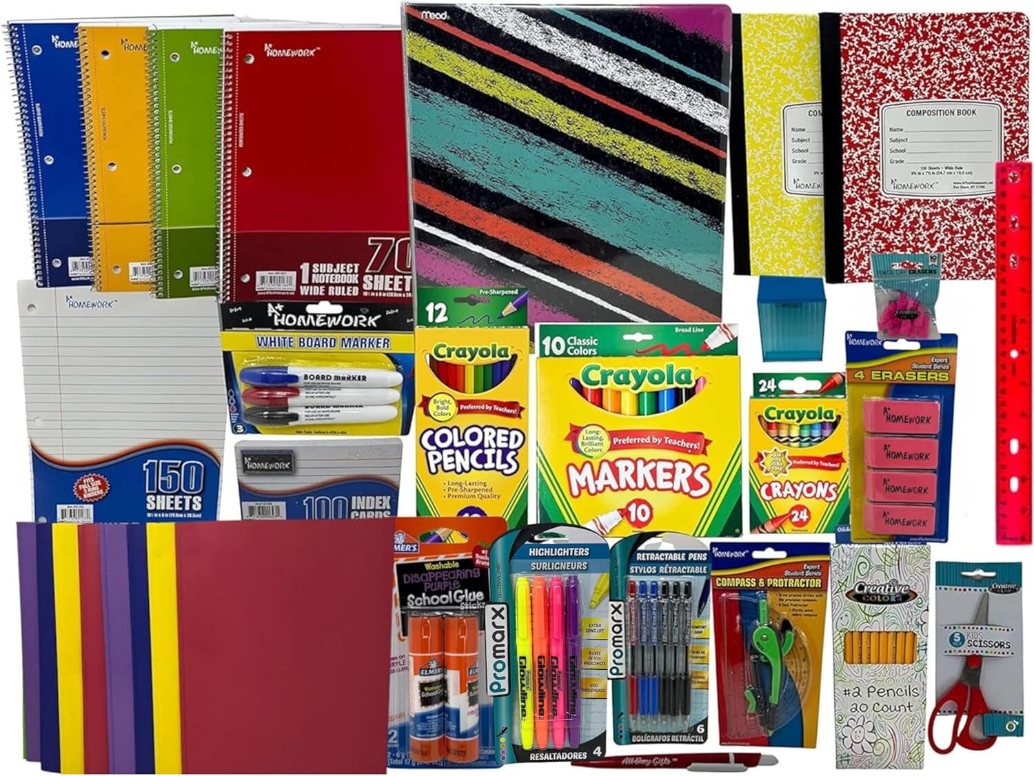 Wide‑Ruled Back to School Essential Supplies Bundle for 3rd‑5th Grade Elementary White Binder, Notebooks, Filler Paper, Crayons & Pencils, Glue Sticks, Composition Books and More (Multicolor)