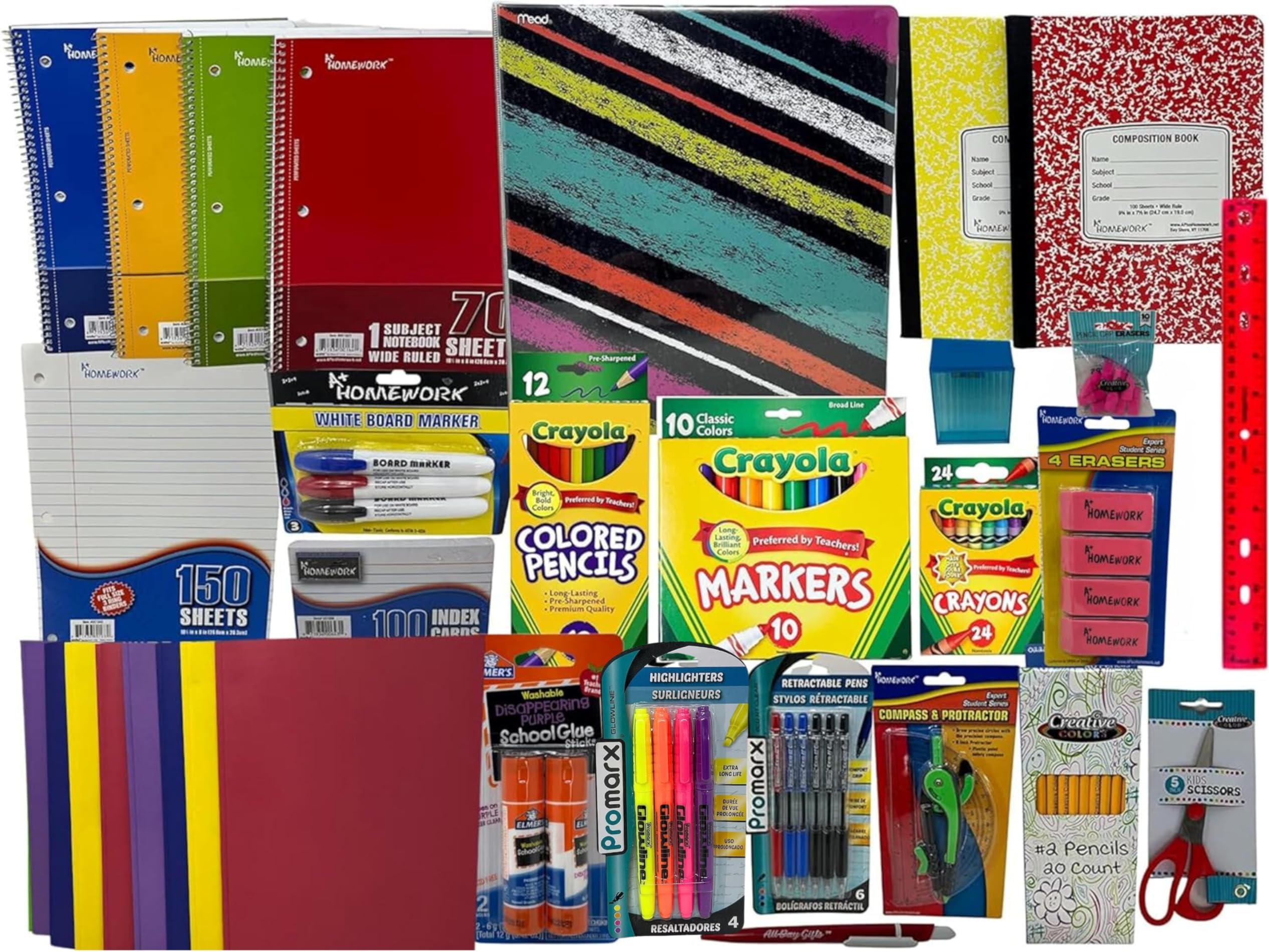 Wide‑Ruled Back to School Essential Supplies Bundle for 3rd‑5th Grade Elementary White Binder, Notebooks, Filler Paper, Crayons & Pencils, Glue Sticks, Composition Books and More (Multicolor)