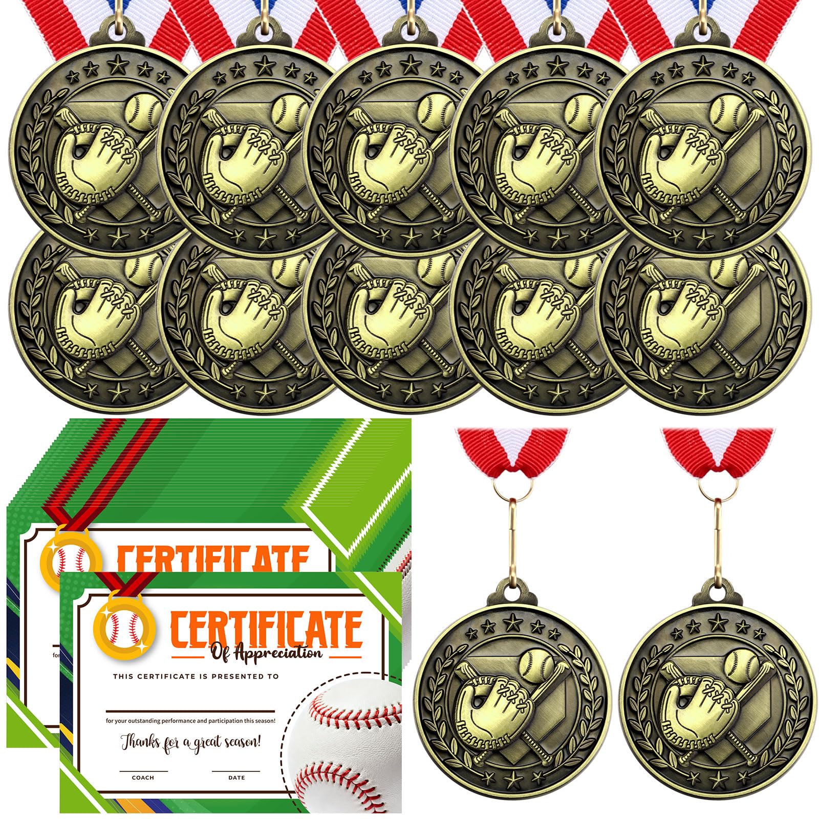 Photo 1 of Loetere 12 Pcs Baseball Award Medals with 12 Pcs Achievement Award Certificates Baseball Team Participation Medals Softball Certificates Party Favors for Team Competitions Trophy Prize
