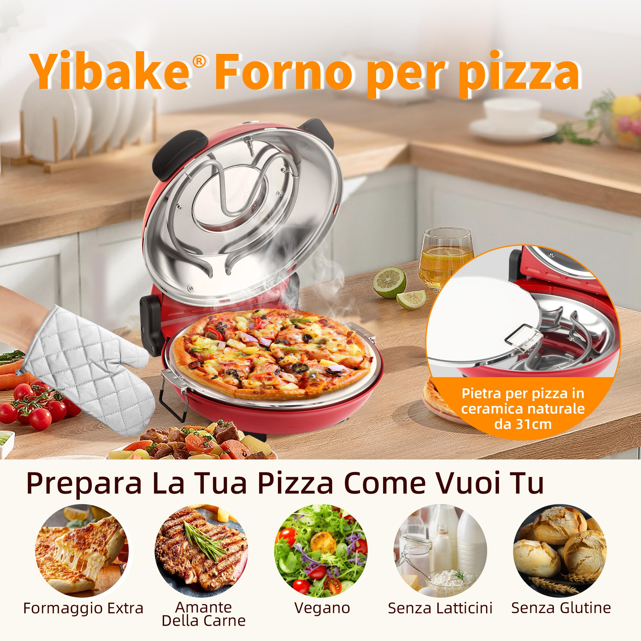 Forno Elettrico per Pizze, Pizza 4' Minuti, Φ 31cm Piastra Pietra Ceramica, Max 420℃ Forno Pizza con 5 livelli di cottura, inkl. Pala per Pizza, Raschietto e Ricette