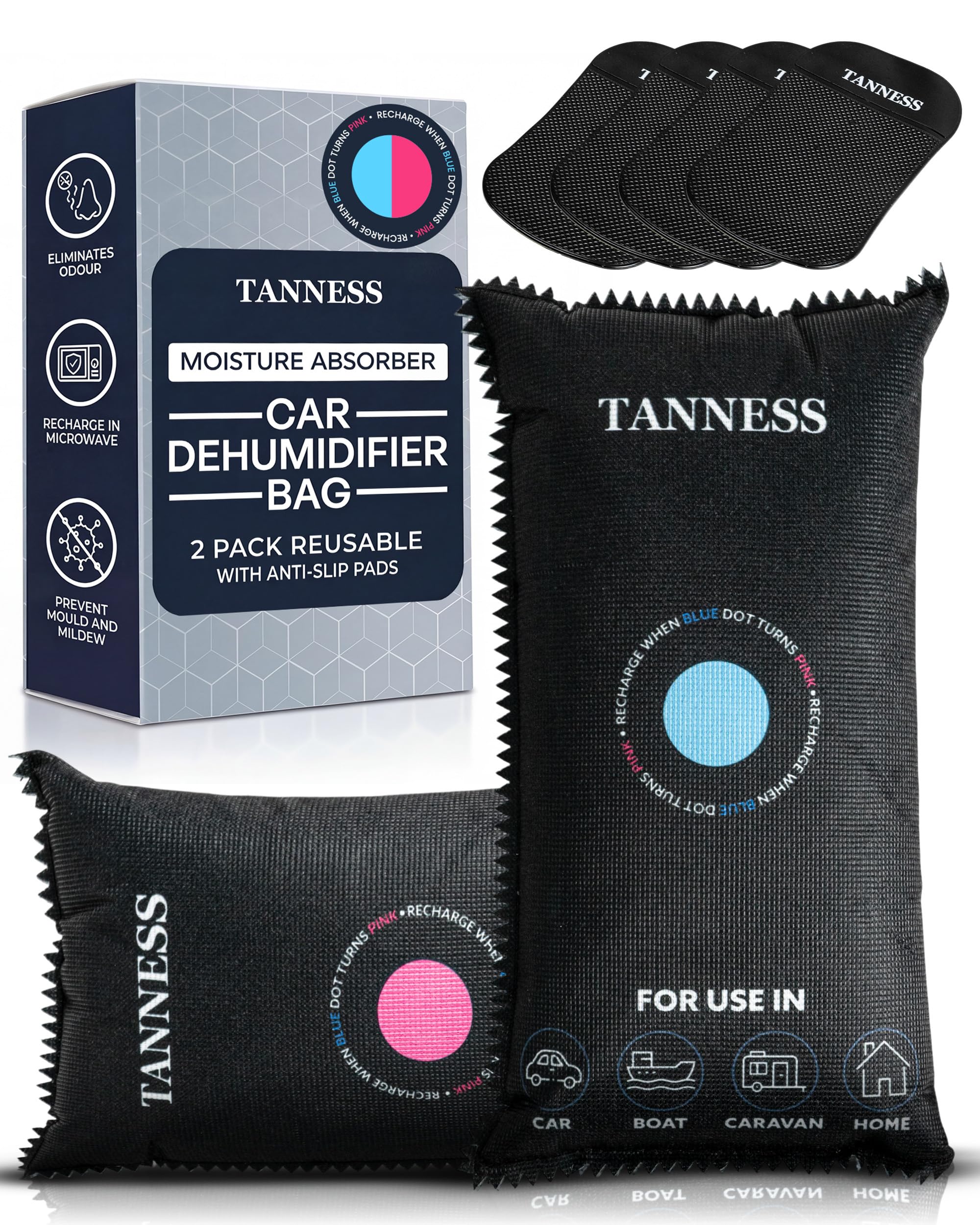 Tanness 2 Pack x 1kg Car Dehumidifier Bags with Anti-Slip Pads - Essential Car Accessories, Moisture Absorber, Reusable, Recharges in Microwave - Multipurpose for Home, All Spaces & Vehicles
