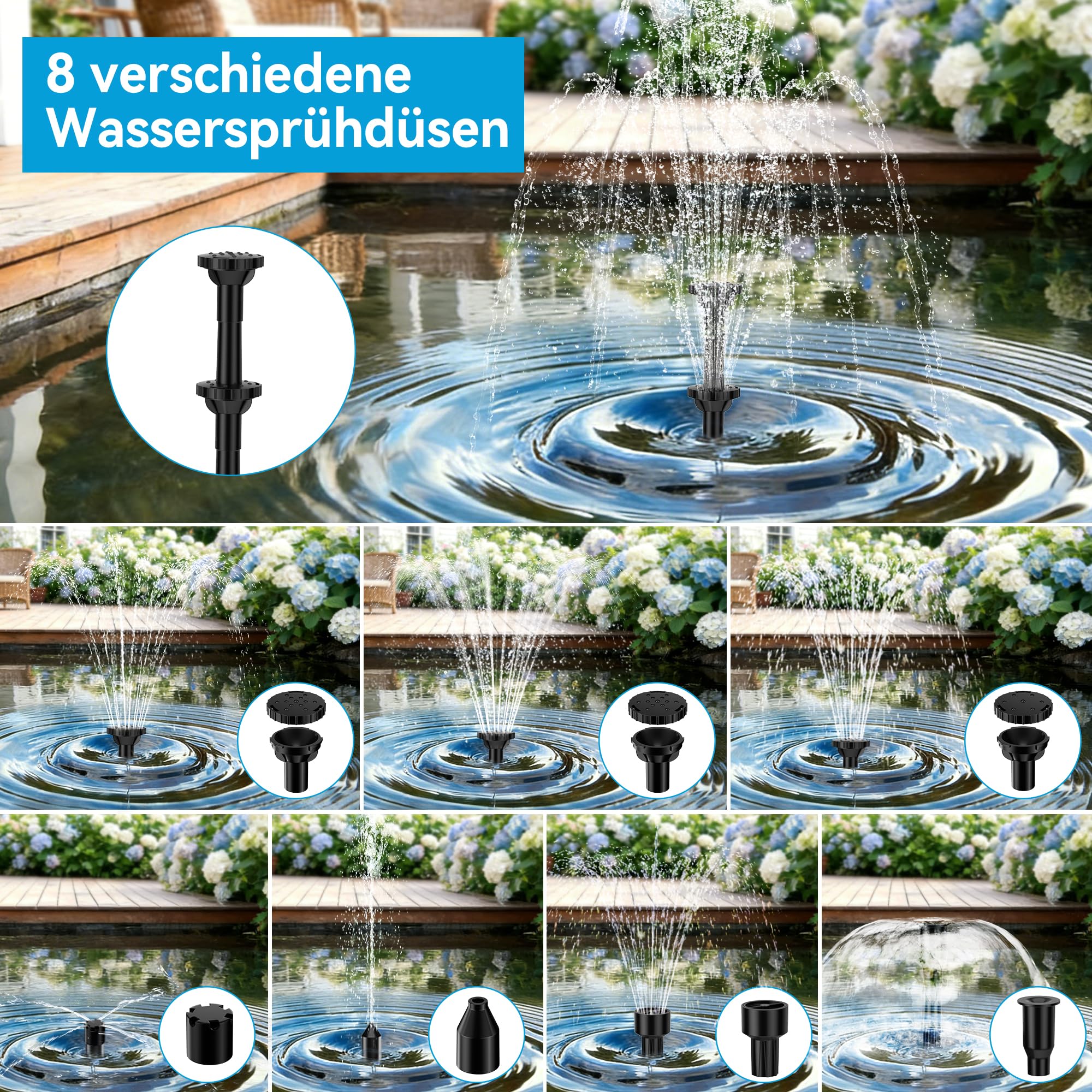 POPOSOAP Solar Springbrunnen für Außen, 6,5 W 240 L/h Solarbrunnen mit integriertem 3000 mAh Akku, Stabiler Sprühbetrieb für Gartenteich, Vogeltränke und Gartens Wasserspielereien