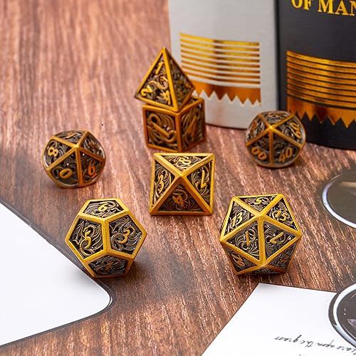 Miniatura 6 de Juego de dados de metal hueco DND, diseño de dragón, oro antiguo, juego de 7 piezas para juegos de mesa de Dungeons and Dragons RPG MTG, D&D