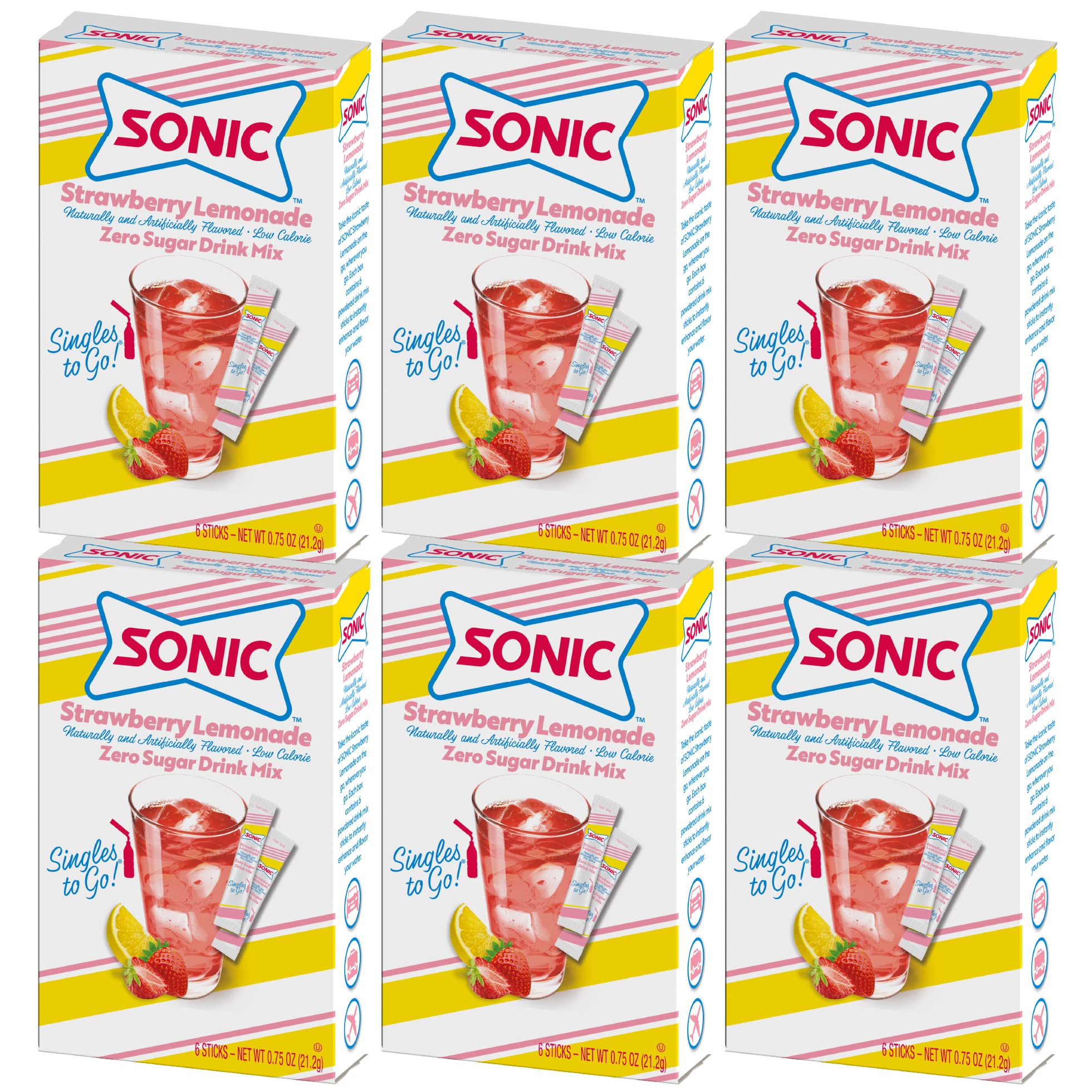 Sonic Singles to Go Powdered Drink Mix, Strawberry Lemonade, 6 Sticks per Box, 6 Boxes included (36 Sticks Total)