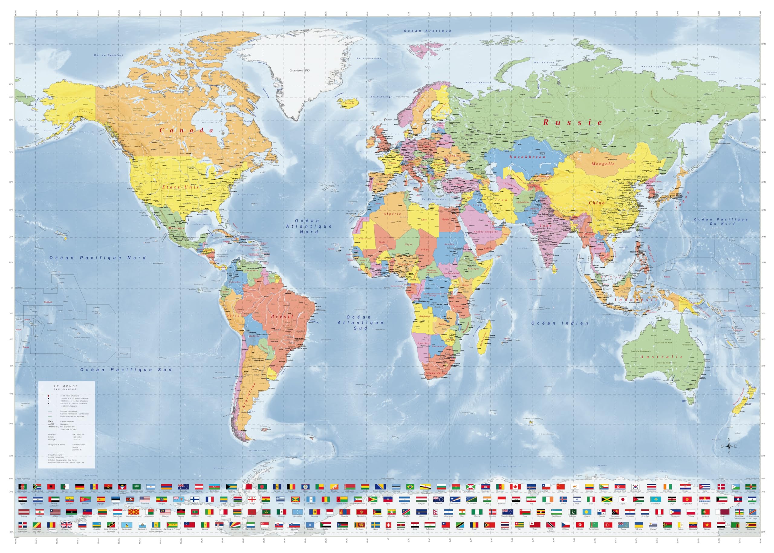 Grande carte du monde (carte murale) en français de 140 x 100 cm avec plastification sur les deux faces (Nouvelle édition)