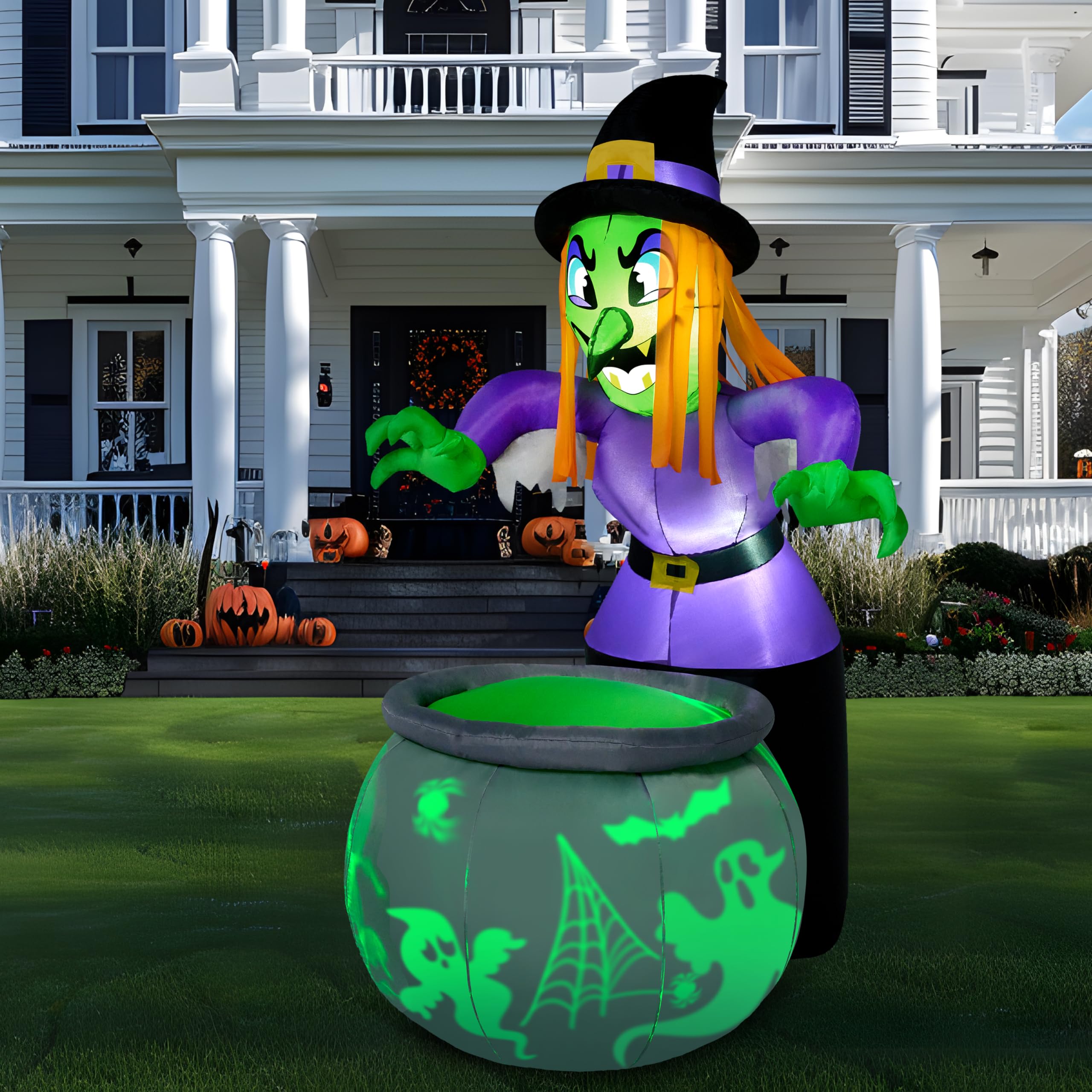 Joiedomi 6 Fuß große aufblasbare Hexe und Kessel-Dekoration für Halloween mit projizierendem rotierendem grünem Geisterlicht, aufblasbare Gartendekoration mit eingebauten LEDs für Halloween-Partys