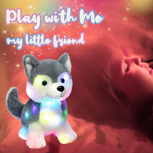 Miniatura 6 de Hopearl Perro husky de peluche con luces LED, flexible, con luces de noche que brillan en la oscuridad, para festival, cumpleaños, niños pequeños,
