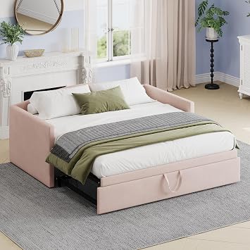 Twin Size Daybed with Extended Pop Up Trundle, Upholstered Sofa Bed Daybed, Space-Saving Twin to King Design, Perfect for Guest Room, Velvet, Pink Pink