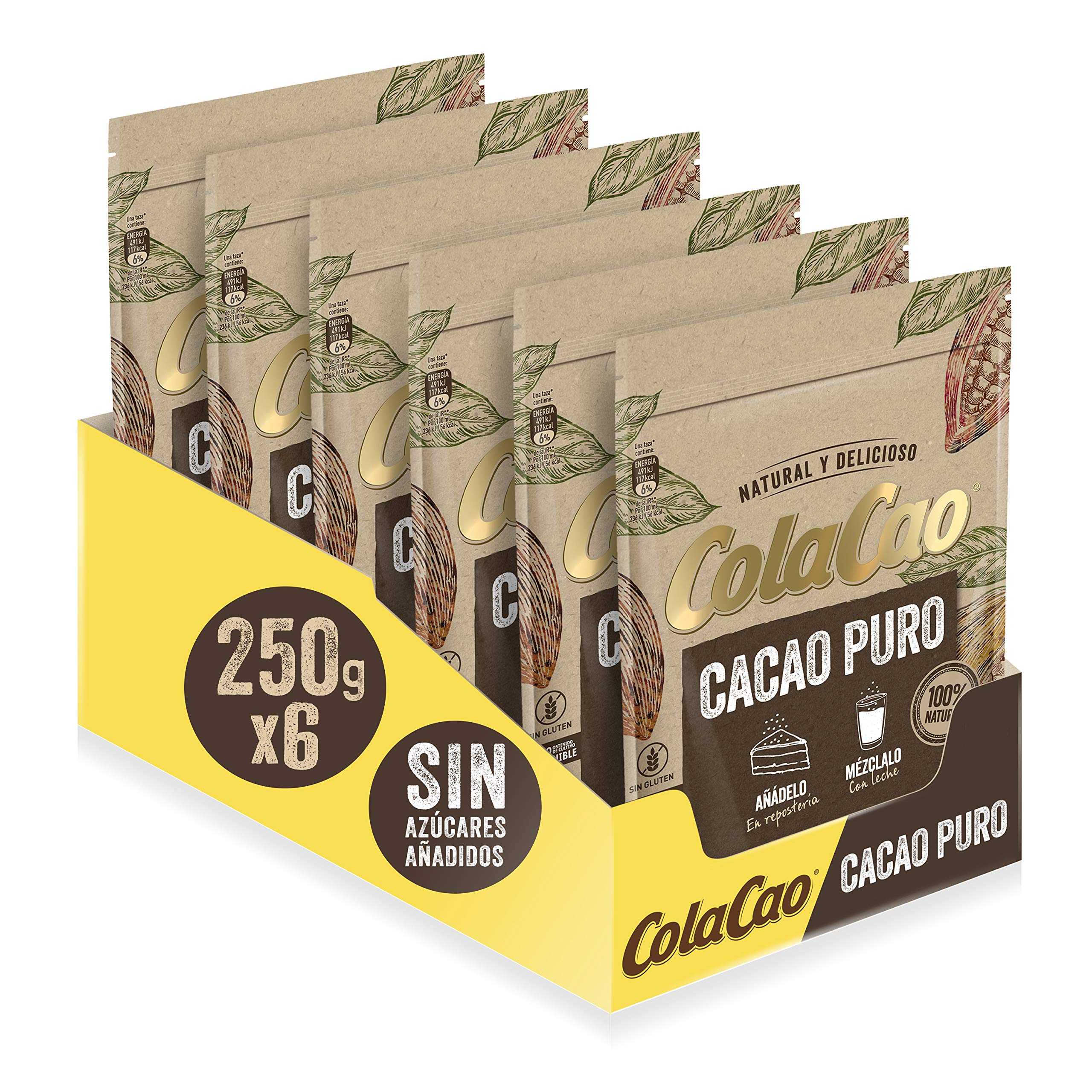 ColaCao Puro: 100% Cacao Natural y sin Aditivos - 6 Envases de 250g (1.500 g)
